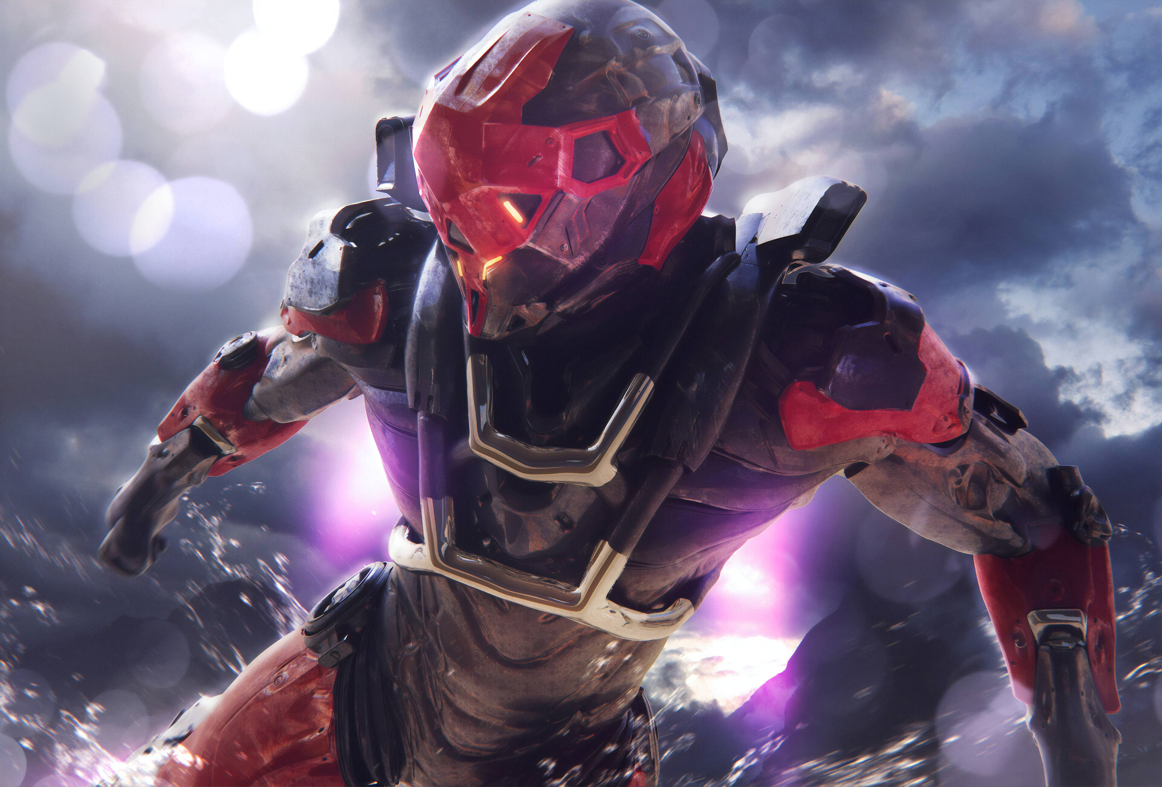 Anthem 4K 紅色戰士 壁紙 — 一個身穿紅黑裝甲的未來戰士，在風暴天空下向前衝刺，身後有發光的紫色能量。
