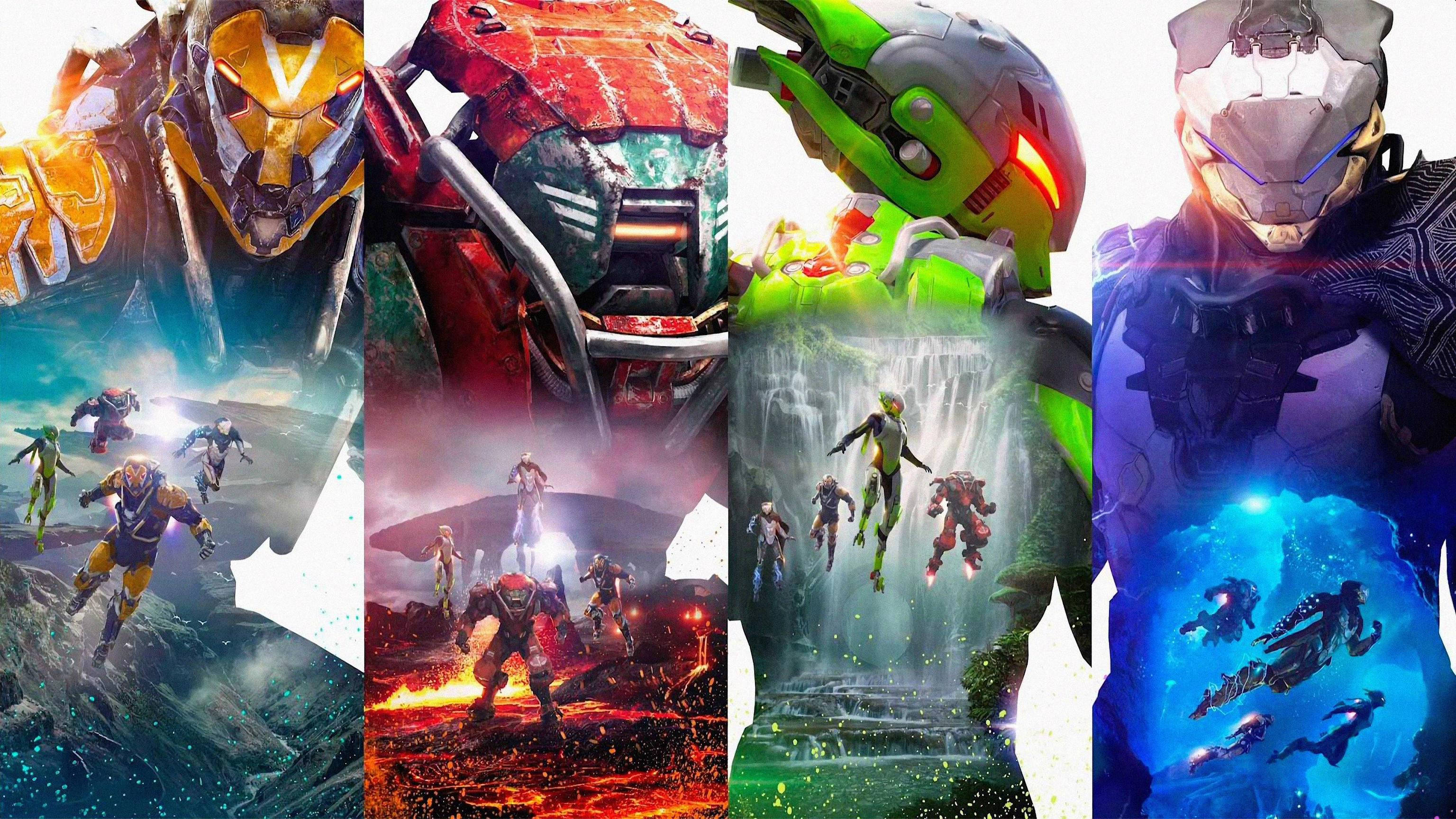 Anthem 4K 色彩 壁紙 — 四位身穿鮮豔戰甲的戰士在熾熱的熔岩、發光的瀑布和宇宙景觀中戰鬥，呈現動態的科幻動作場景。