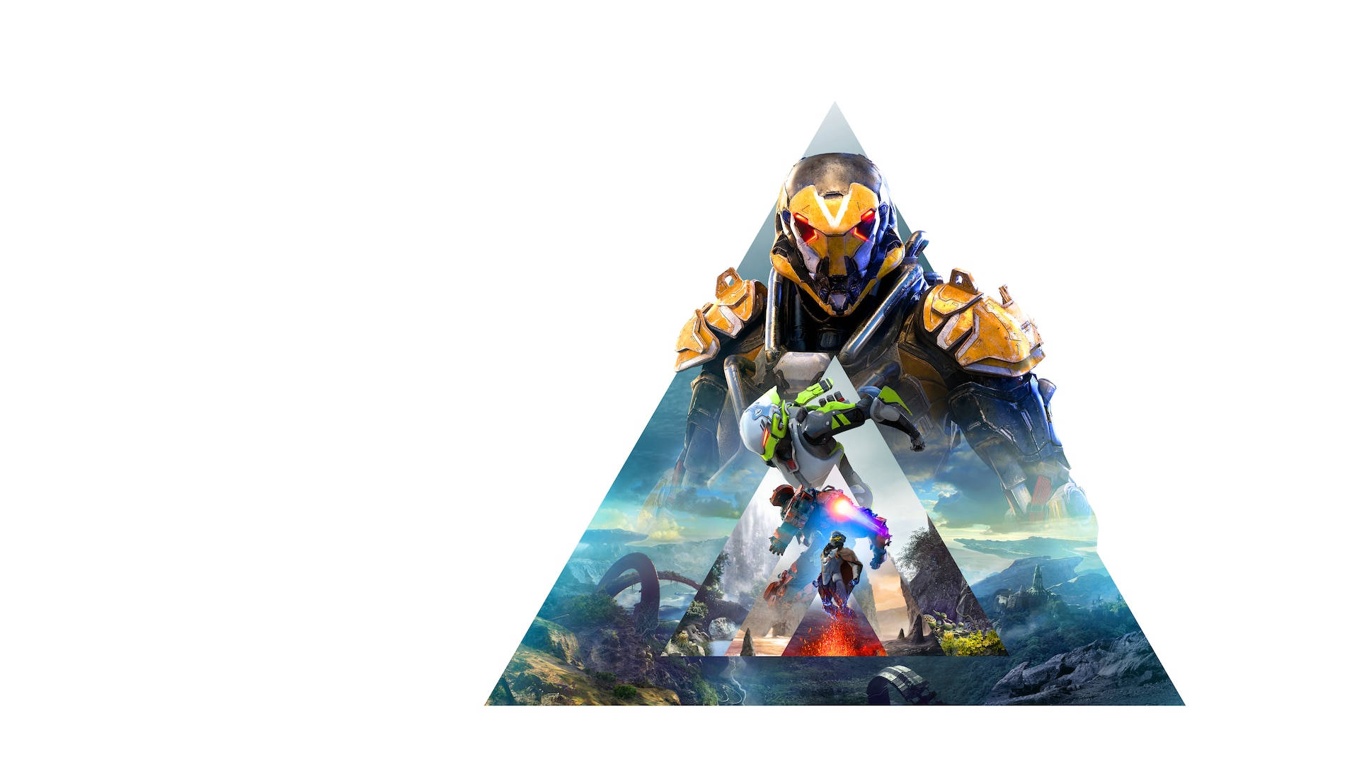 Anthem 4K 遊戲藝術 壁紙 — 一個身穿橙色和藍色盔甲的未來戰士站在金字塔頂端，展現下方充滿活力的科幻景觀。