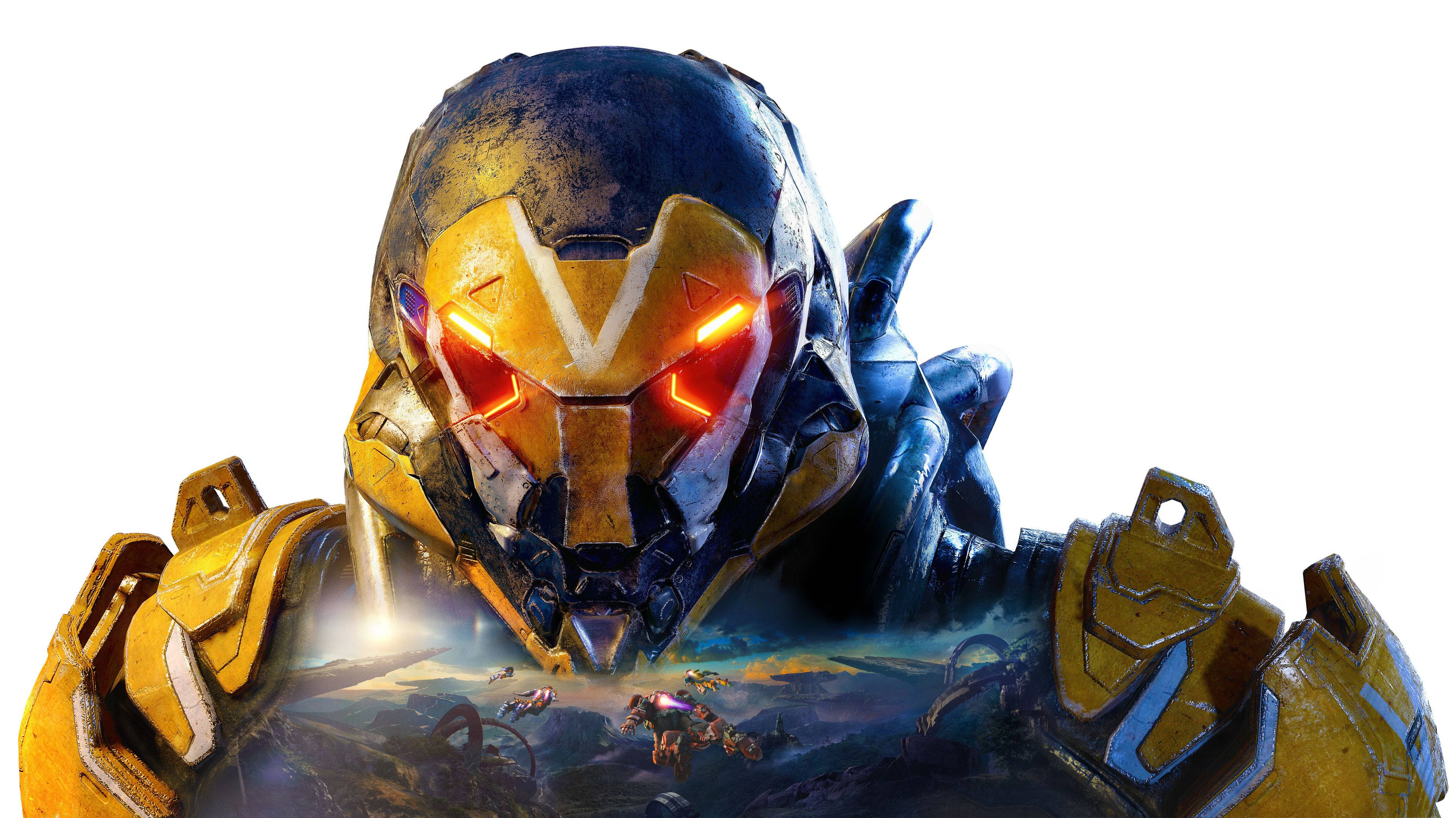 Anthem 4K 遊戲角色 壁紙 — 一個高大的黃藍色裝甲戰士，擁有發光的紅色眼睛，聳立在戰場場景之上。