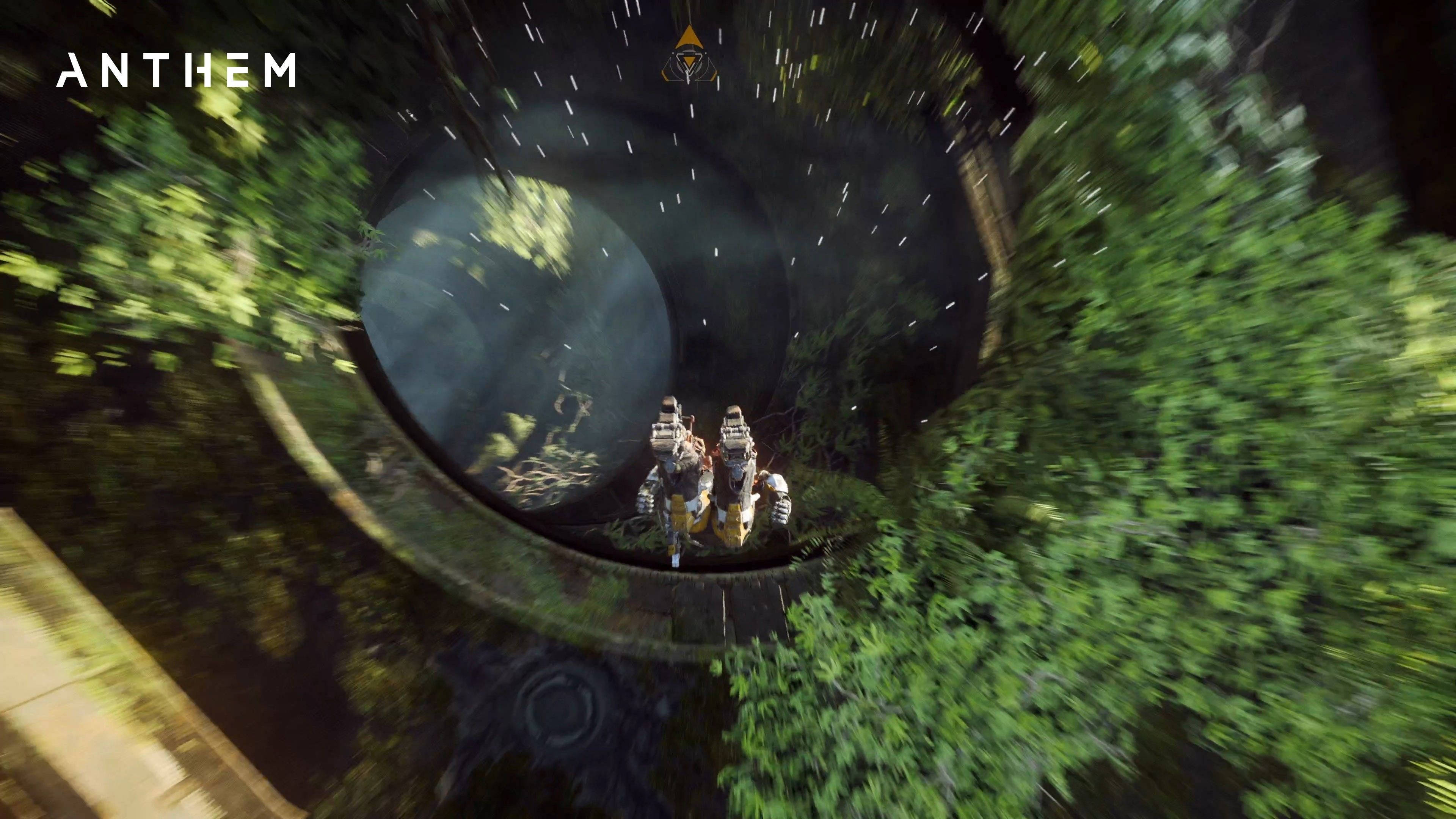 Anthem 4K 隧道 壁紙 — 兩名裝甲冒險者從遊戲 Anthem 中以高速滑翔穿過茂密的綠色隧道。