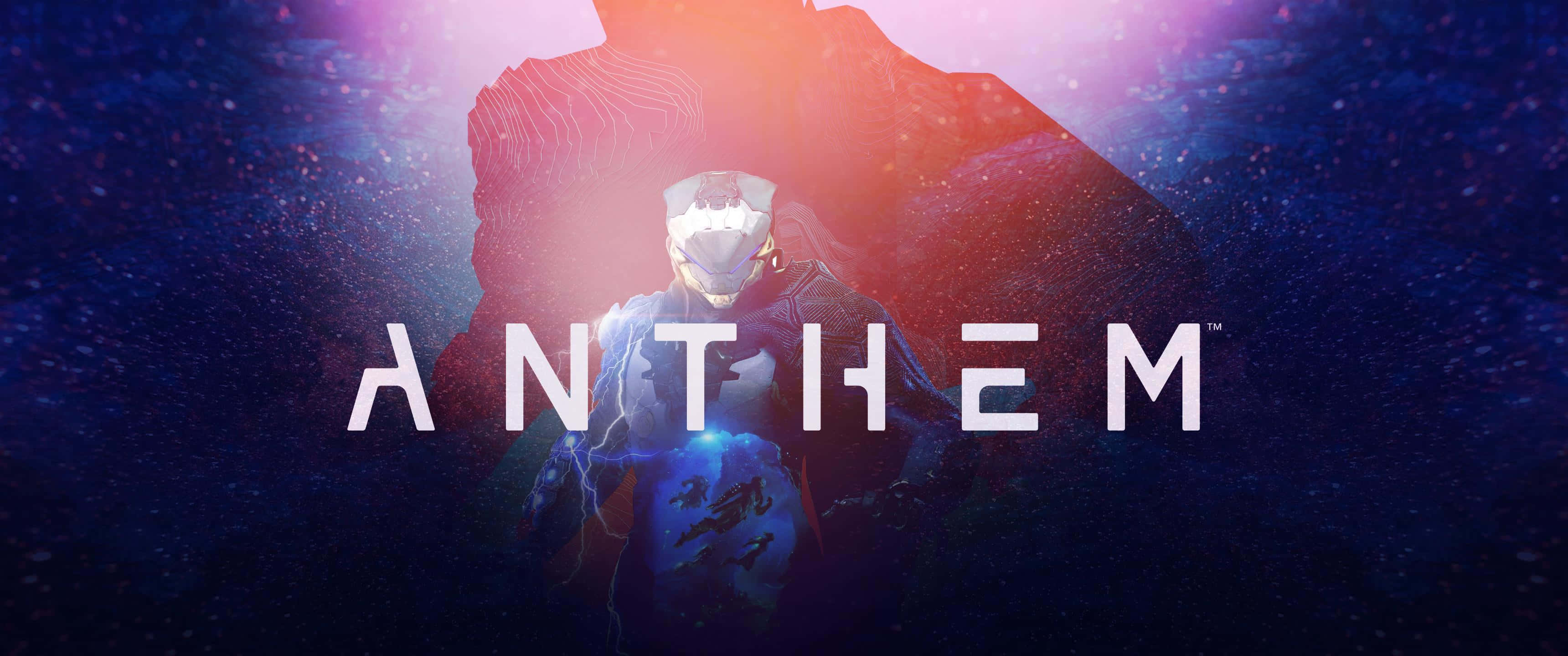 Anthem 在線多人角色扮演遊戲背景 壁紙 — 一個未來風格的裝甲人物站在星空下發光的山前，ANTHEM 這個詞醒目地展示著。
