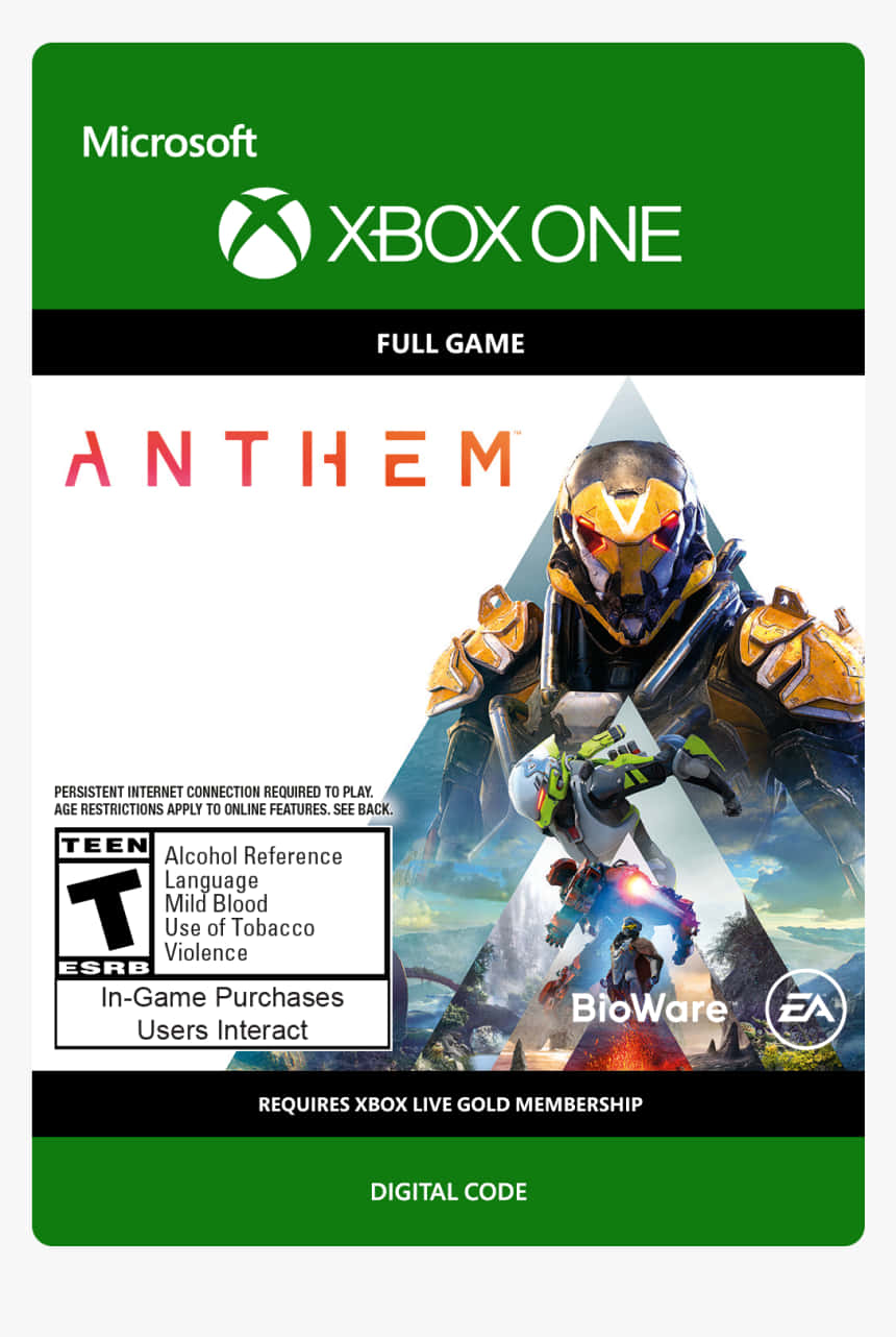 Xbox One 數位代碼，適用於《Anthem》電玩遊戲，具有 ESRB 青少年評級和線上要求。