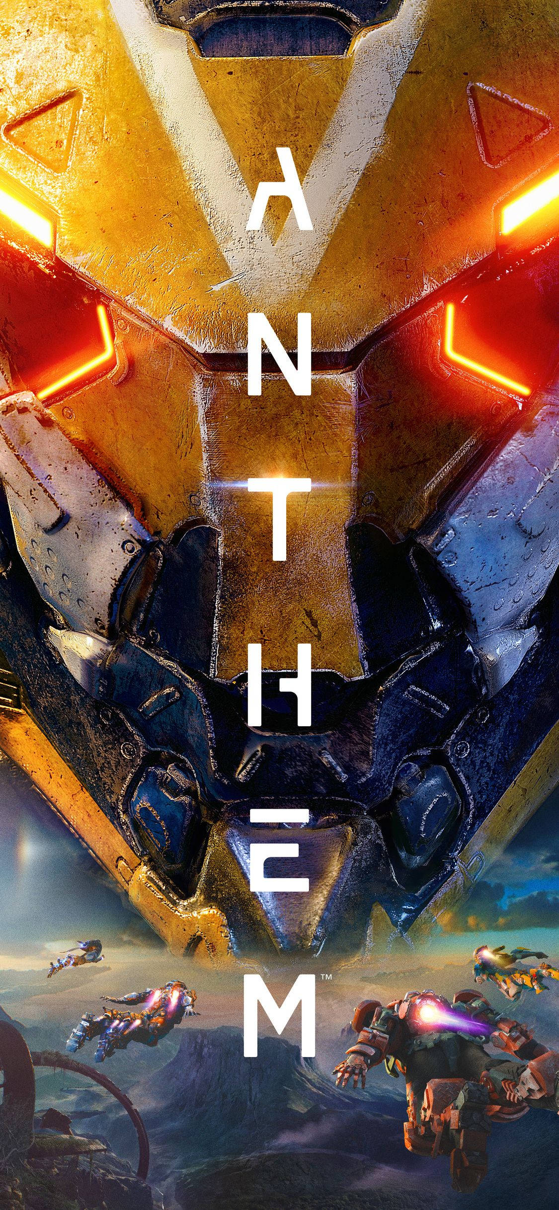 駕駛矛兵，體驗《Anthem》共享世界動作RPG 壁紙 — 一架高聳的裝甲機甲在戰場上若隱若現，帶有發光的橙色燈光和下方的飛行戰鬥單位。