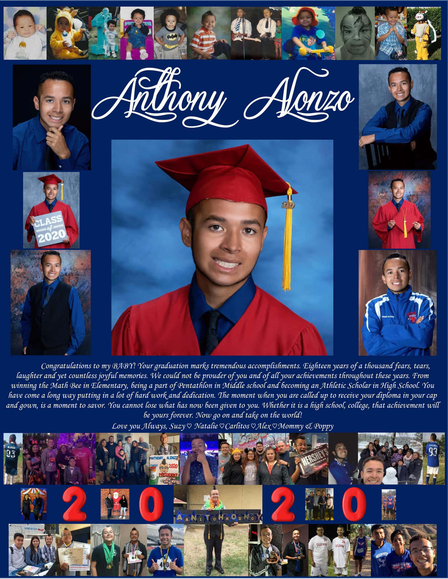 畢業拼貼畫，展示 Anthony Alonzo 從嬰兒到高中畢業生與家人和朋友的人生旅程。