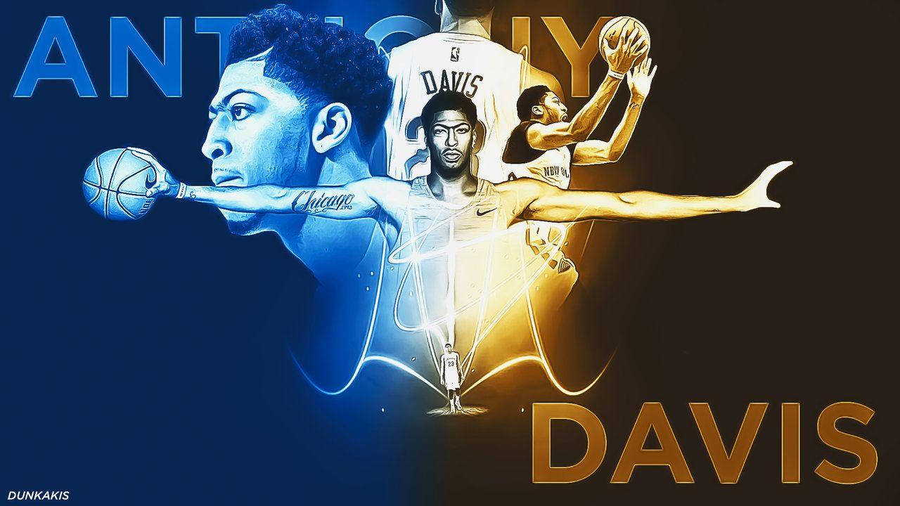 Anthony Davis 籃球運動員的藍金數碼藝術，包含多個動作姿勢。
