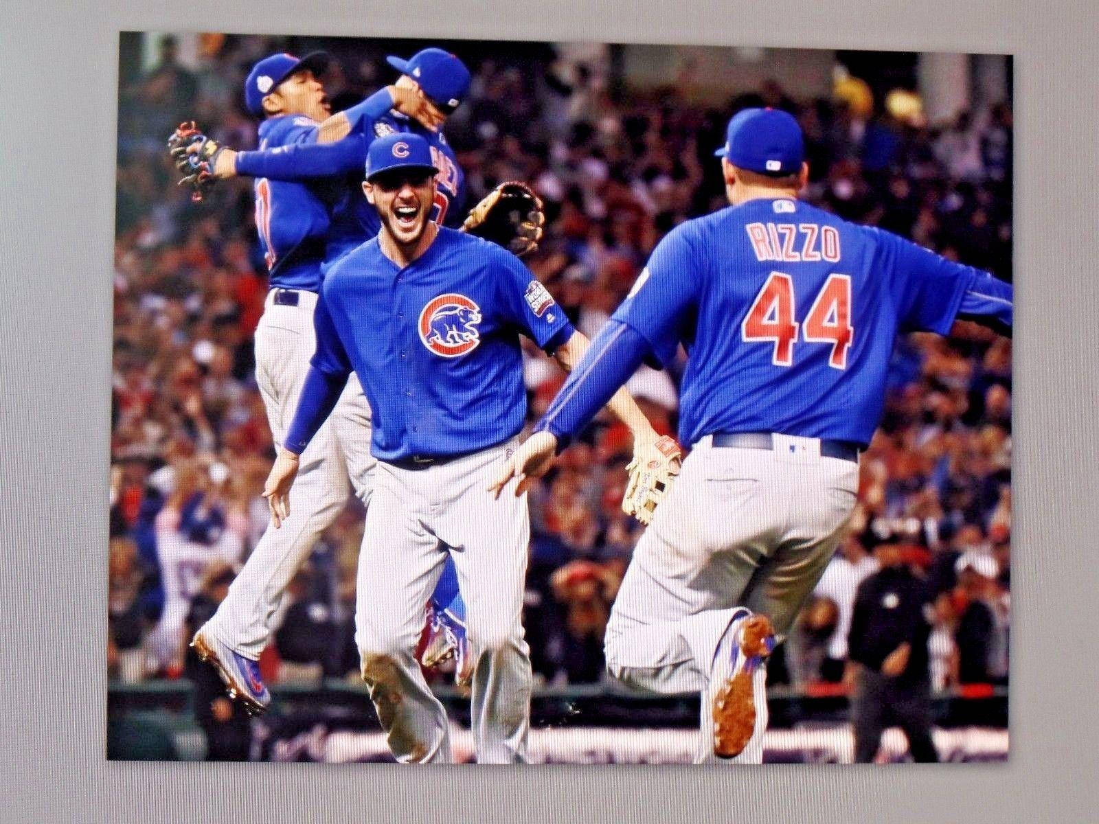 芝加哥小熊隊的棒球選手在球場上慶祝勝利。