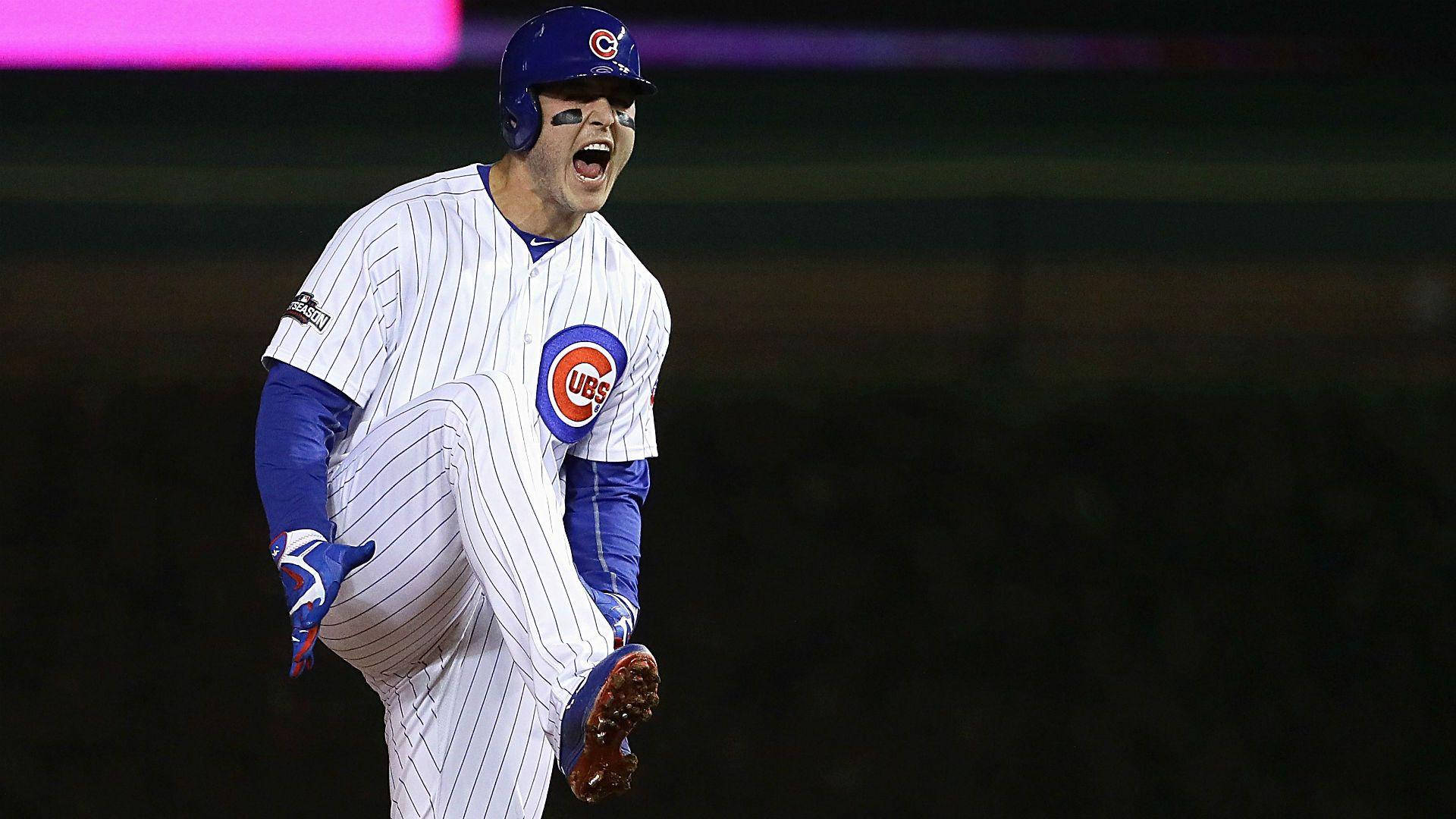 身穿小熊隊球衣的棒球選手在夜間比賽中慶祝勝利。