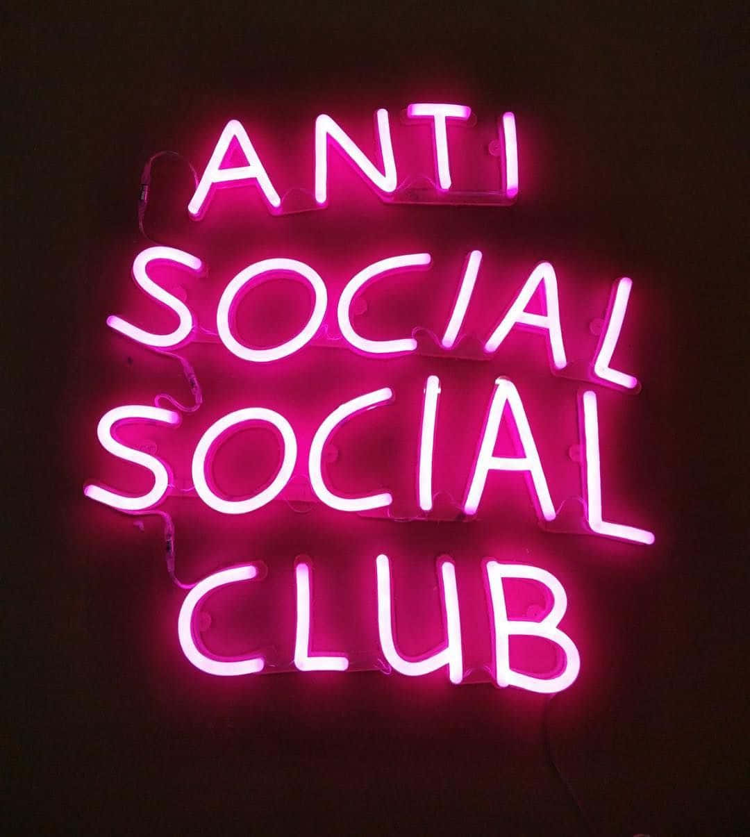 在黑暗房間中顯示Anti Social Social Club的粉紅色霓虹燈牌。