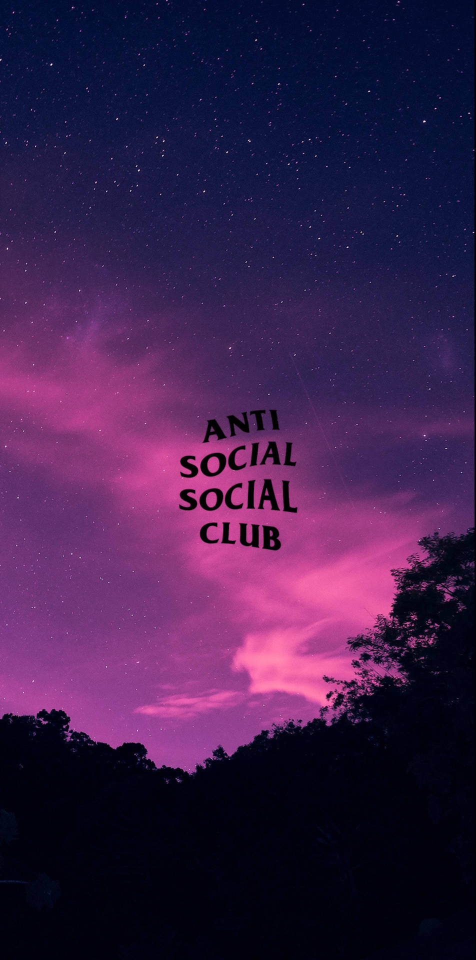 星空夜晚，紫色雲朵，文字 Anti Social Social Club 在樹木剪影上方。