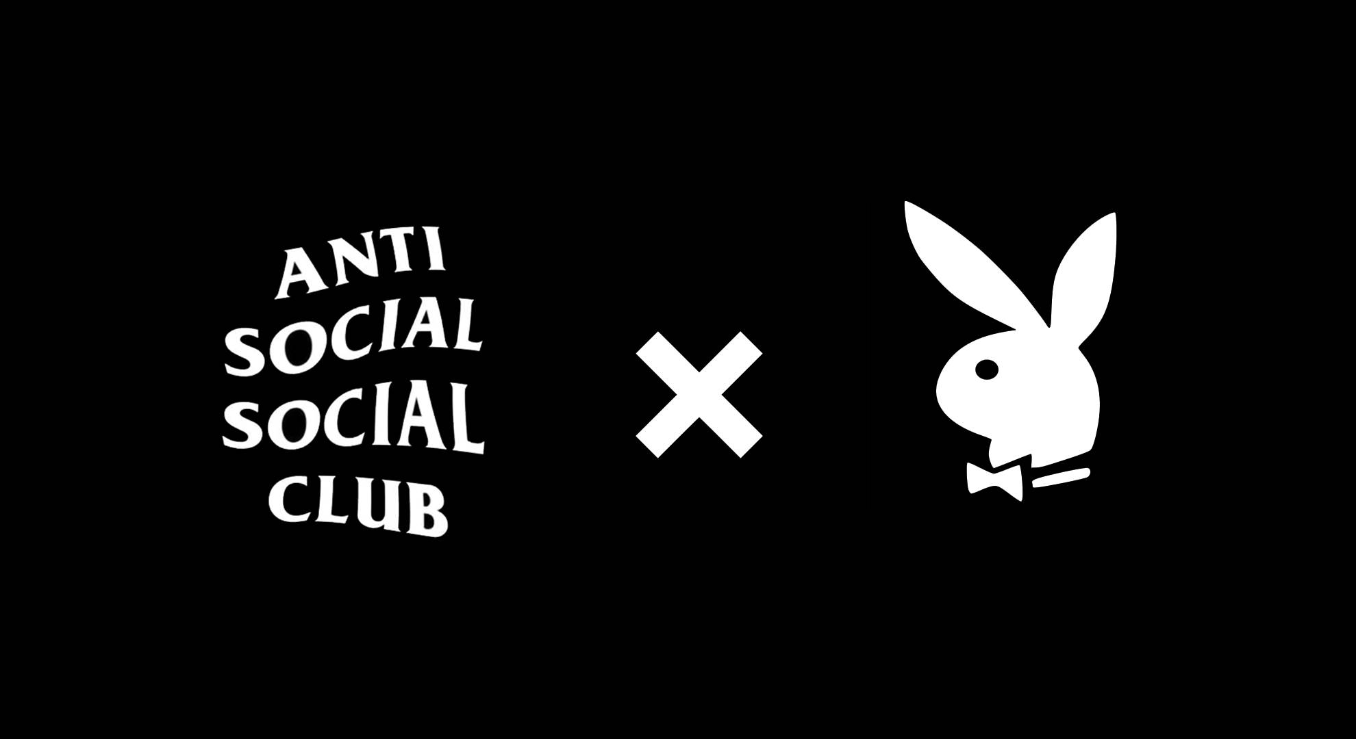 Anti Social Social Club 花花公子 壁紙 — 白色文字和Playboy兔子標誌在黑色背景上，中間有一個十字符號。