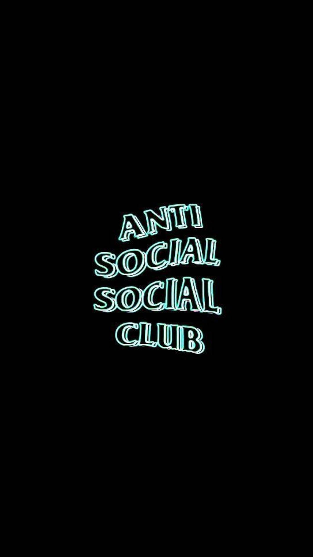 Anti Social Social Club 標誌，黑白色對比設計 壁紙 — 霓虹藍色發光文字顯示 anti social social club，背景為純黑色。