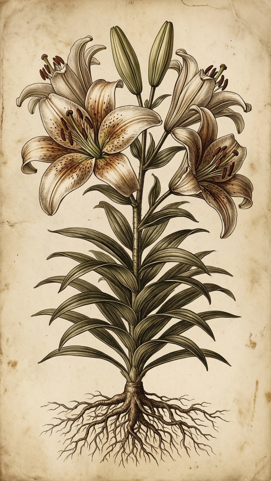 Lilies 桌布 壁紙 — 一幅古董風格嘅植物插圖，描繪百合花植物，有盛開嘅花朵同可見嘅根部，畫喺舊羊皮紙上。