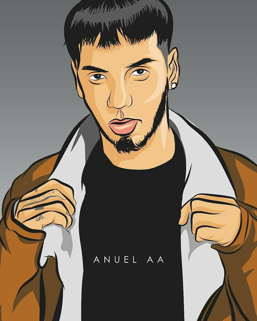 Anuel AA 數位粉絲藝術 壁紙 — 一個有鬍鬚和耳環的男人的風格化數位插圖，拉開外套露出印有他名字的黑色襯衫。