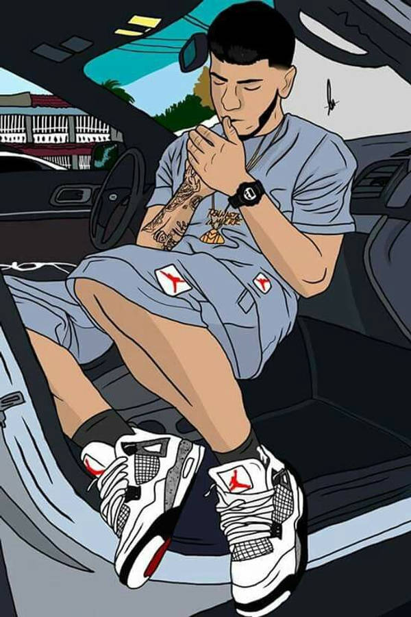 Anuel AA 粉絲創作 壁紙 — 一個有紋身的時尚男子放鬆地坐在車裡，穿著白色Jordan運動鞋和灰色服裝。