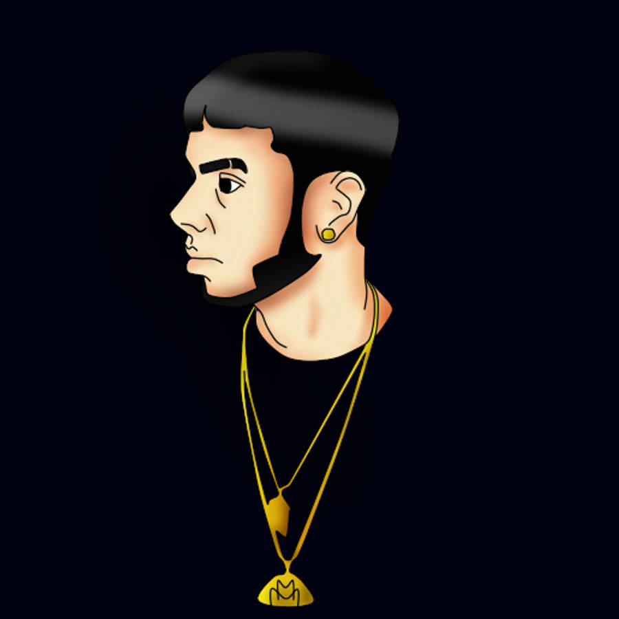 Anuel AA 藝術作品 壁紙 — 一個風格化的側面輪廓，一個短黑髮的男人戴著金色珠寶，背景是深色。