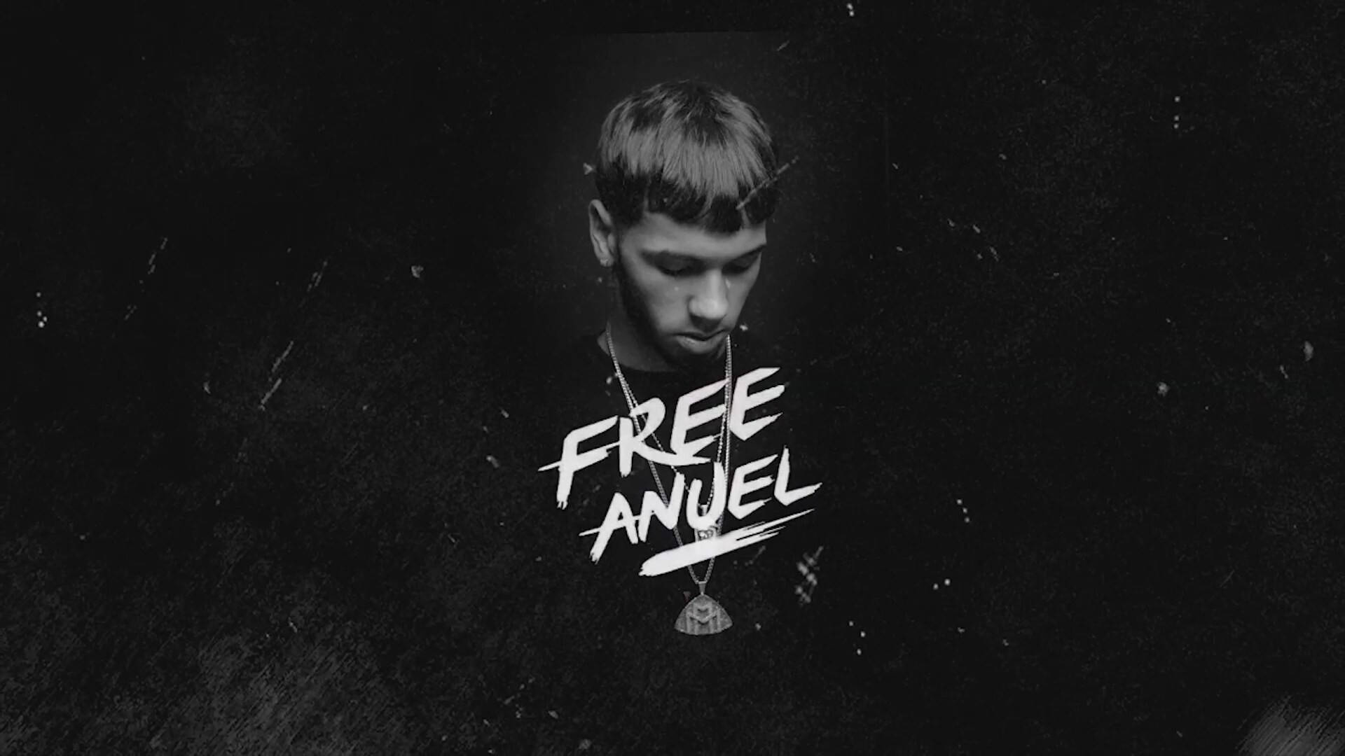Anuel AA 黑暗風格粉絲藝術海報 壁紙 — 一個陰鬱的黑白肖像，年輕男子帶有文字疊加顯示 free anuel，背景為紋理深色。