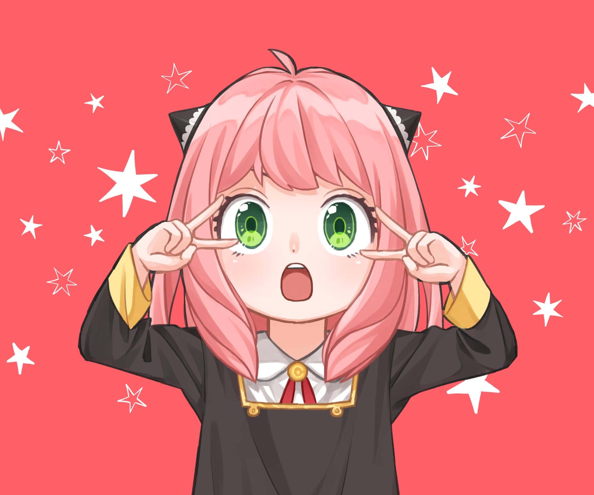 閃亮可愛的 Anya Discord 頭像 壁紙 — 一個驚訝的動漫女孩，粉紅色頭髮和貓耳朵，在粉紅色星空背景下睜大眼睛。