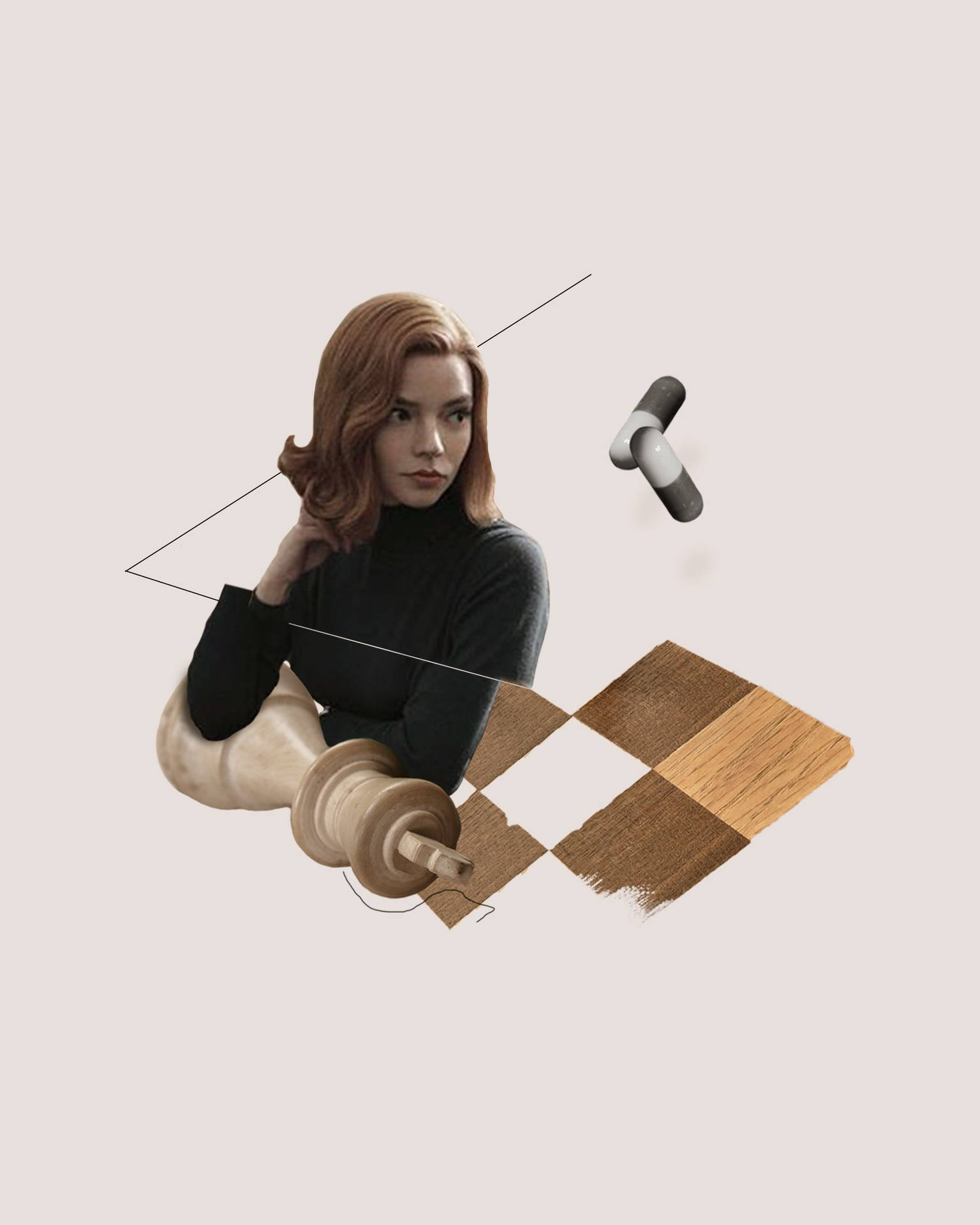 紅髮女性，旁邊有浮動的國際象棋棋子和木紋樣本。
