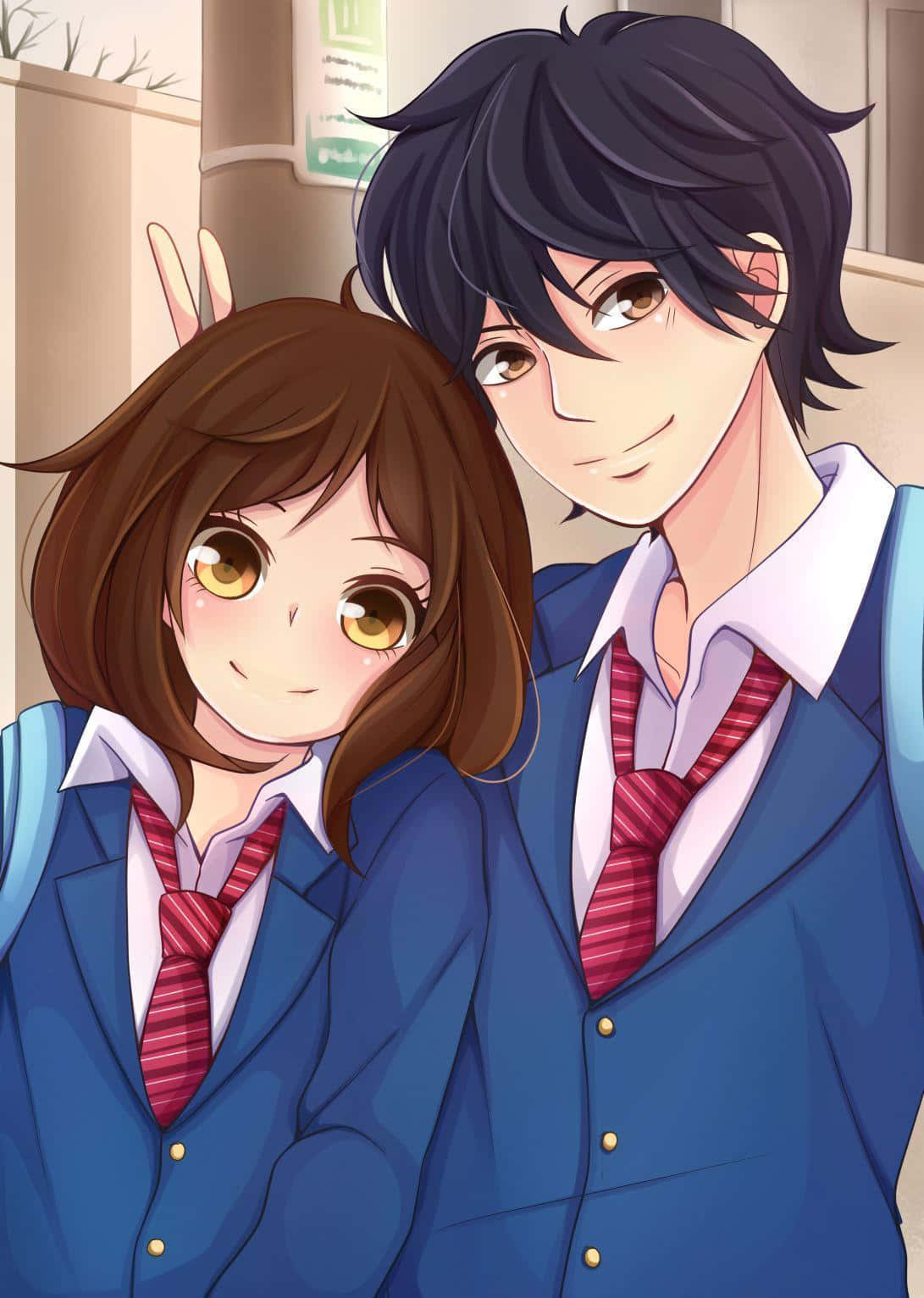 《Ao Haru Ride》——愛，總在最意想不到的地方出現 壁紙 — 兩名身穿藍色制服嘅動畫學生溫暖咁向鏡頭微笑，後面有兔仔耳仔探出嚟。