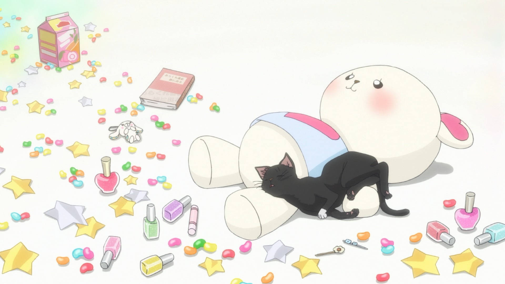 Ao Haru Ride 可愛黑貓 壁紙 — 一隻黑貓安詳地睡在一隻巨大的白色兔毛公仔上，周圍散落著色彩繽紛的糖果、指甲油和星星。