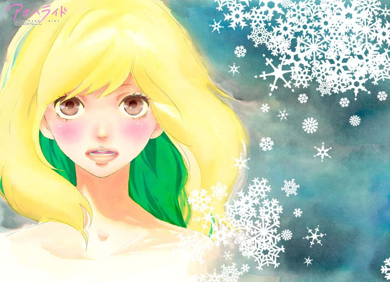 準備踏上《Ao Haru Ride》的旅程 壁紙 — 一位年輕的動漫女孩，金色頭髮和綠色圍巾，在涼爽的藍天中雪花飄舞時溫柔地凝視著。