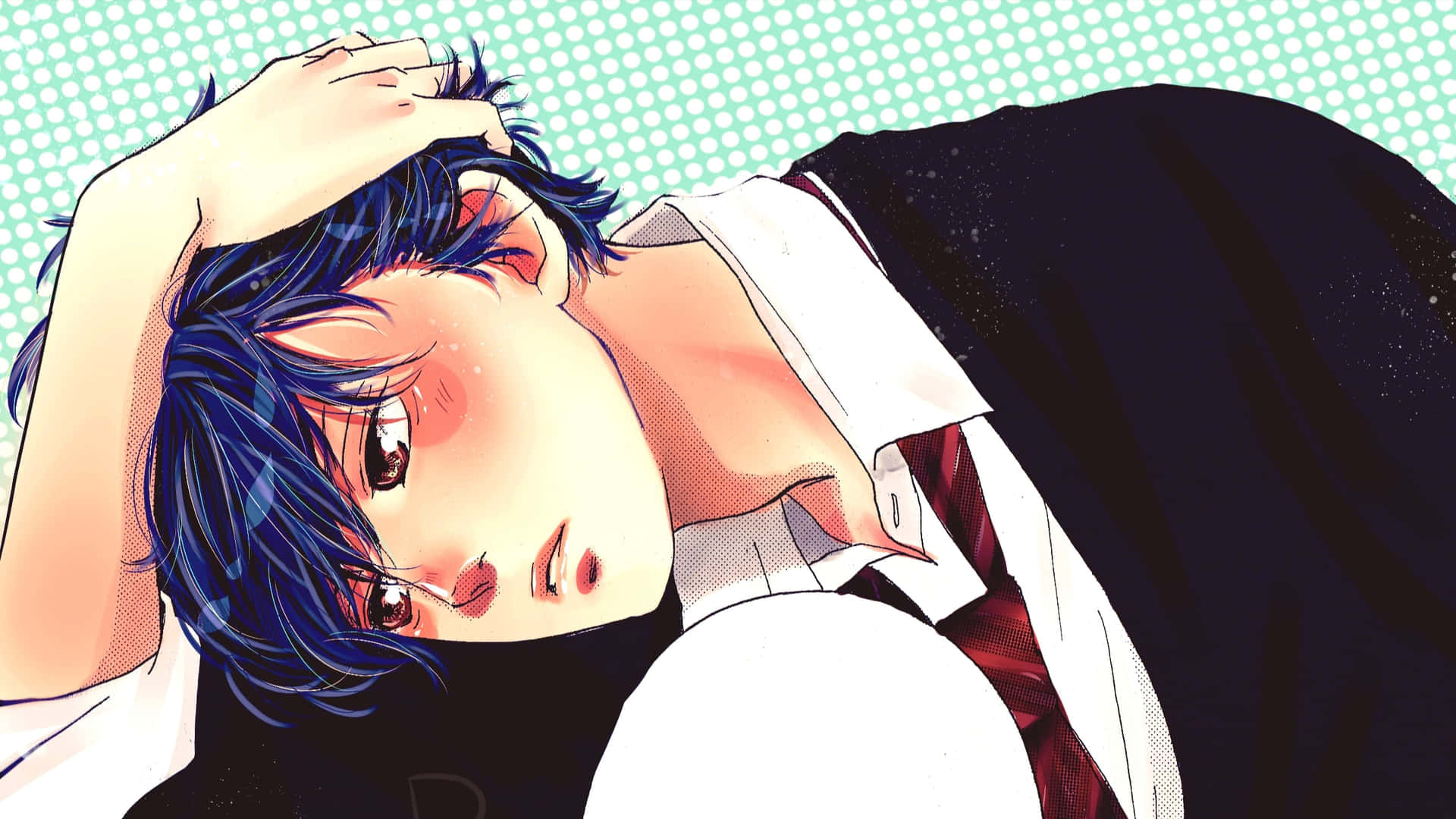 藍髮動漫男孩穿著校服，用手托著頭，表情戲劇化。