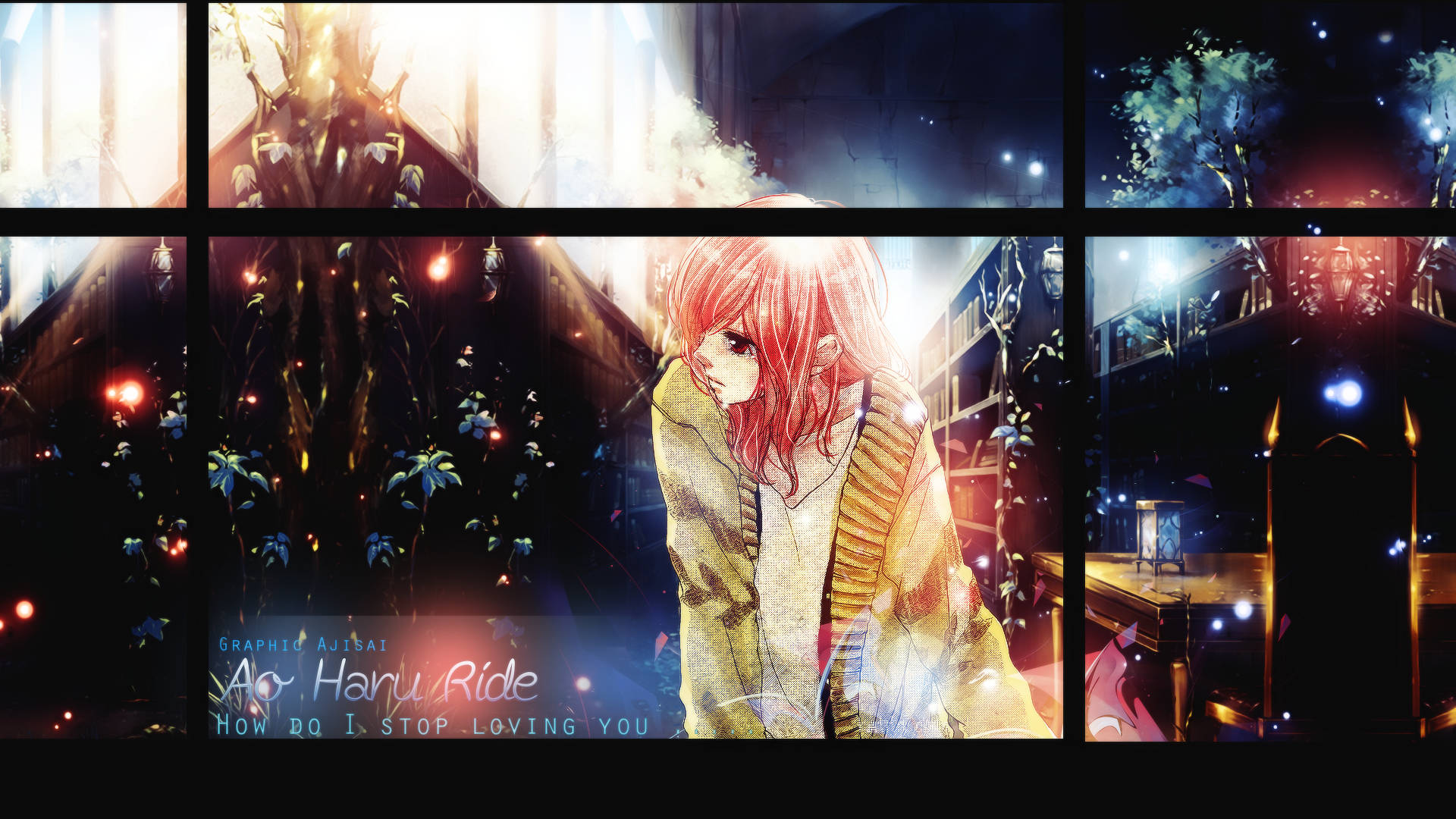 《Ao Haru Ride》愛戀未來 壁紙 — 一位紅髮動漫女孩穿著黃色外套，站在一個發光、超現實的夜晚場景中，周圍有漂浮的花朵和發光的球體。