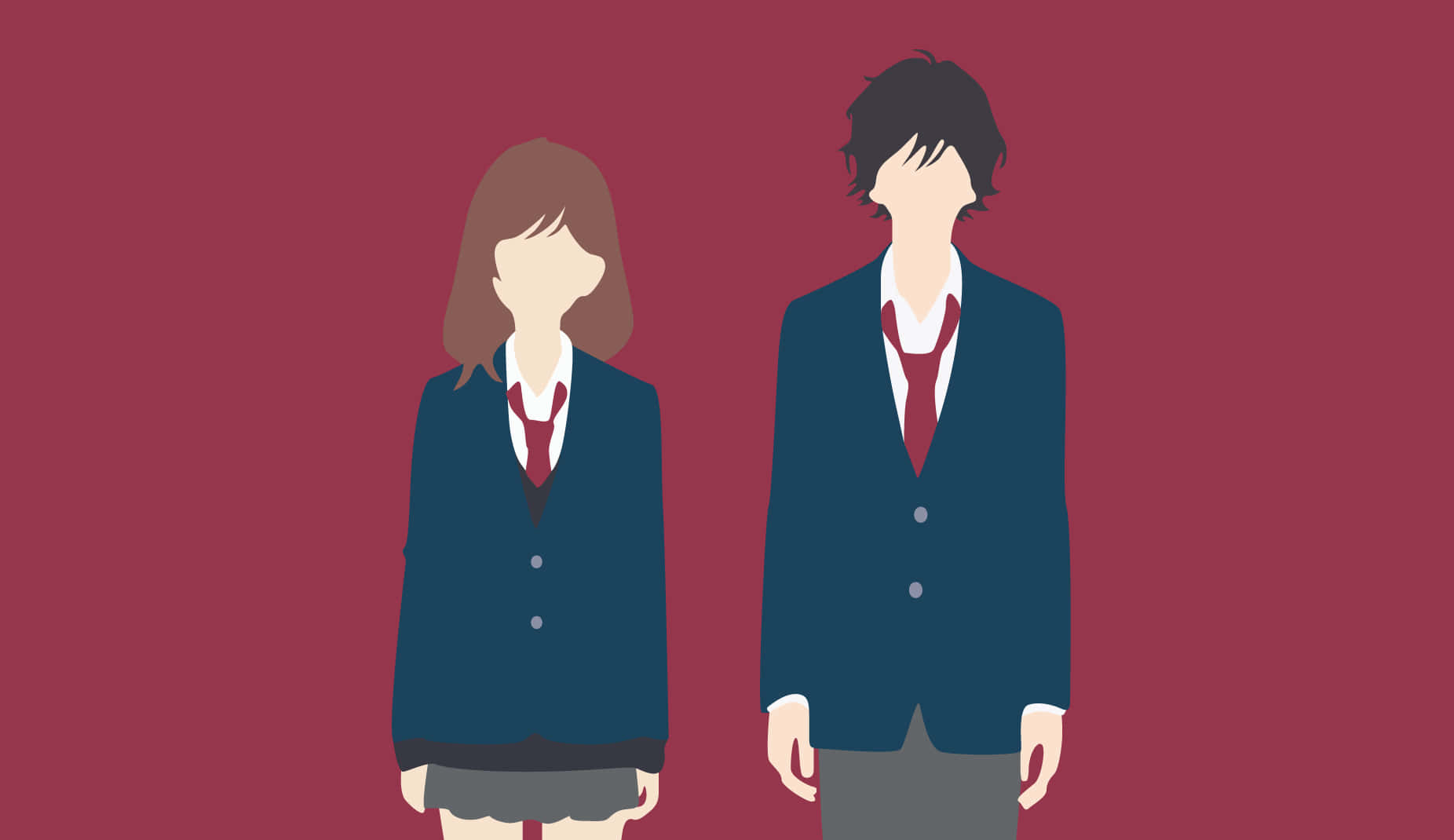 兩名無臉的學生穿著校服並排站立。