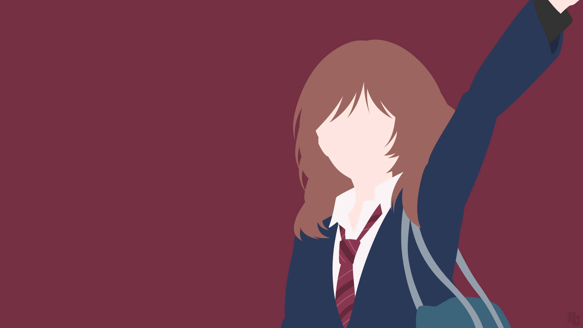 《Ao Haru Ride》矢量藝術：吉岡未來 壁紙 — 一個風格化的動漫女孩穿著校服，在純栗色背景上舉起手臂。