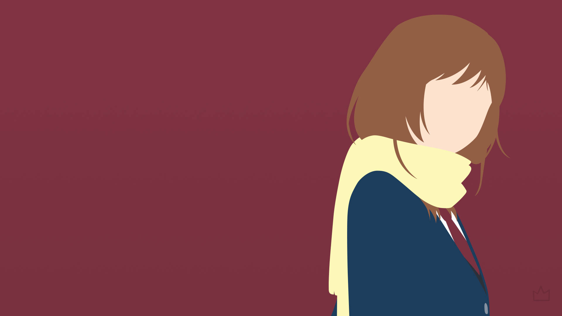 《Ao Haru Ride》矢量藝術：吉岡未來 壁紙 — 一個人在側面戴著黃色圍巾的極簡插圖，背景為純栗色。