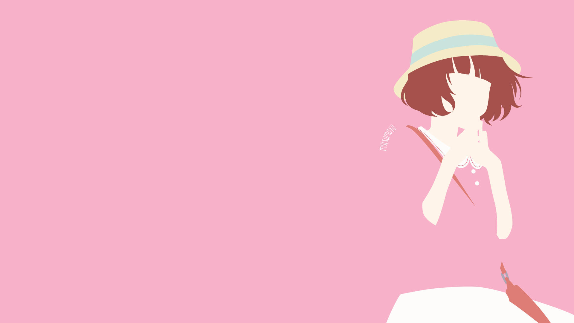 《Ao Haru Ride》矢量藝術：牧田雪 壁紙 — 一個戴草帽的女孩在純粉紅色背景上拿著筆的極簡插圖。