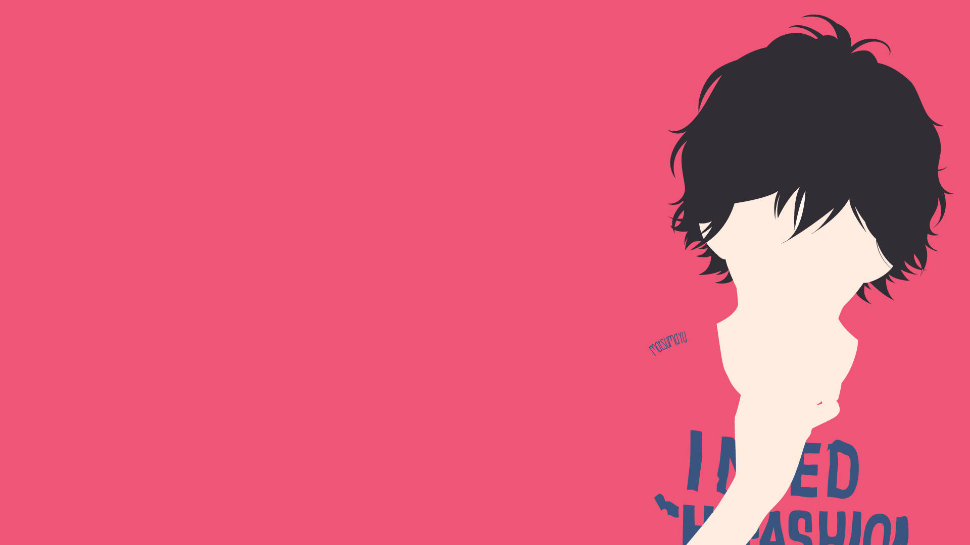 《Ao Haru Ride》矢量藝術：牧北響 壁紙 — 一個極簡動漫風格的人物剪影，黑髮，純粉紅色背景，藍色文字。