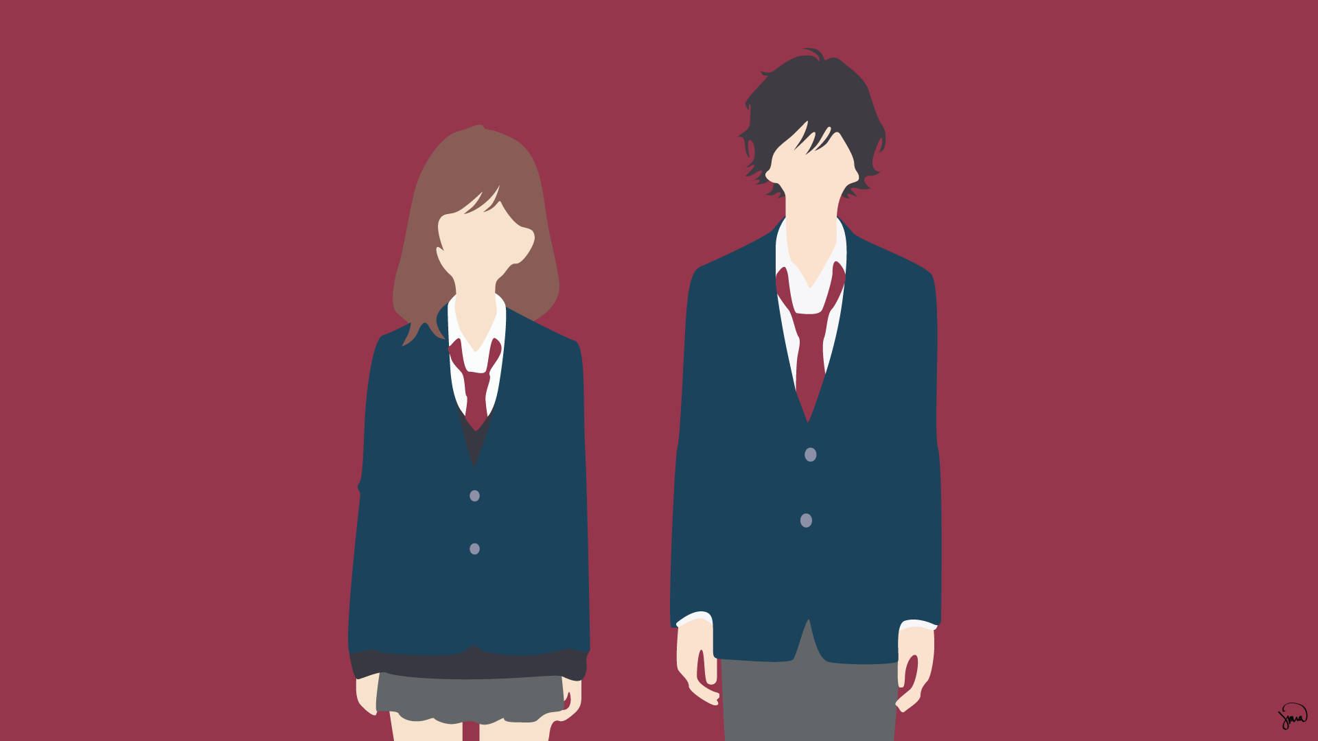 《Ao Haru Ride》青春戀愛時光 壁紙 — 兩個風格化的動漫學生穿著校服，並排站在純栗色背景前。