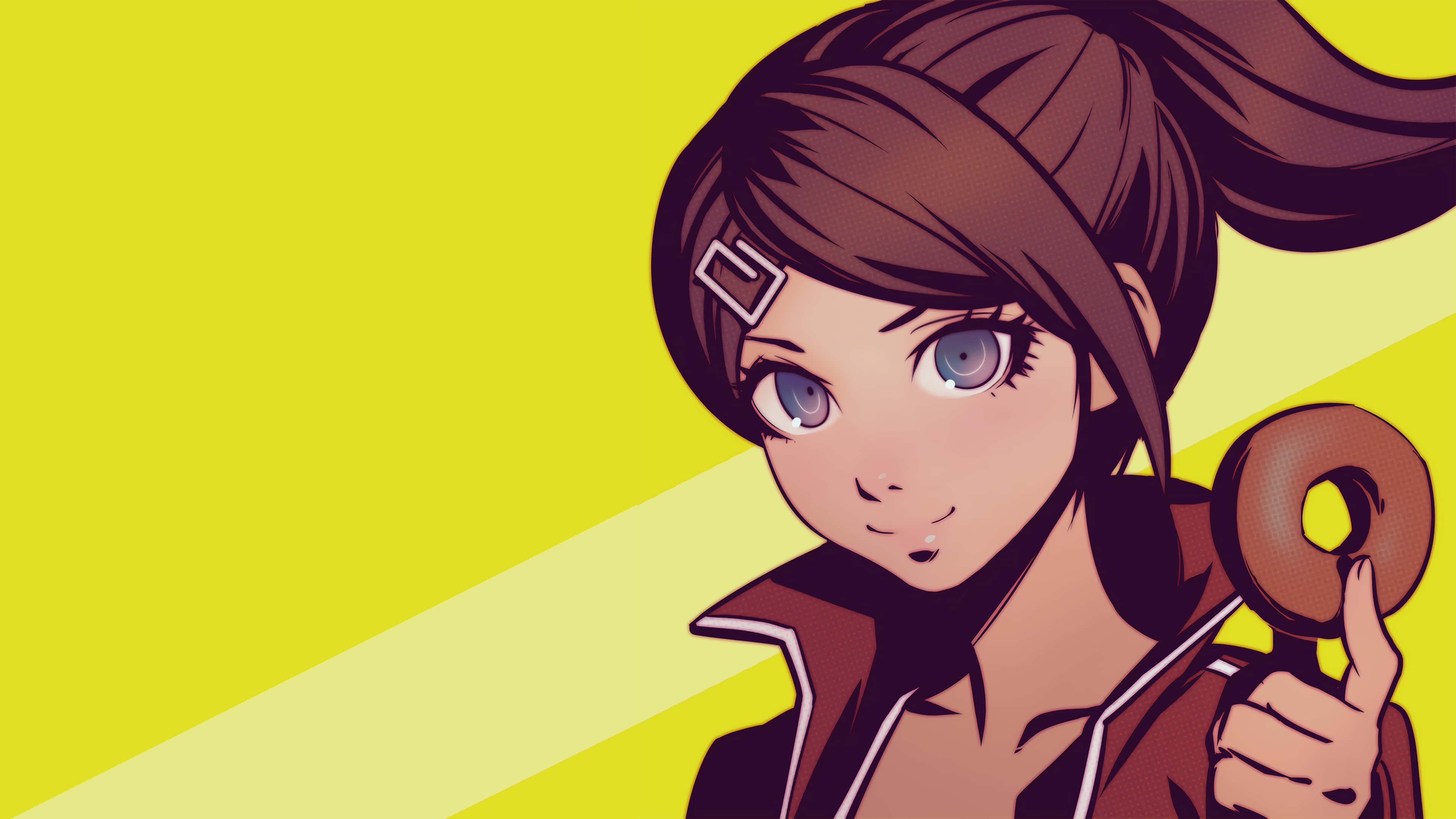 Aoi Asahina手持甜甜圈 Danganronpa頭像 壁紙 — 棕色馬尾辮和藍眼睛的動漫女孩在明亮的黃色背景上拿著一個甜甜圈。