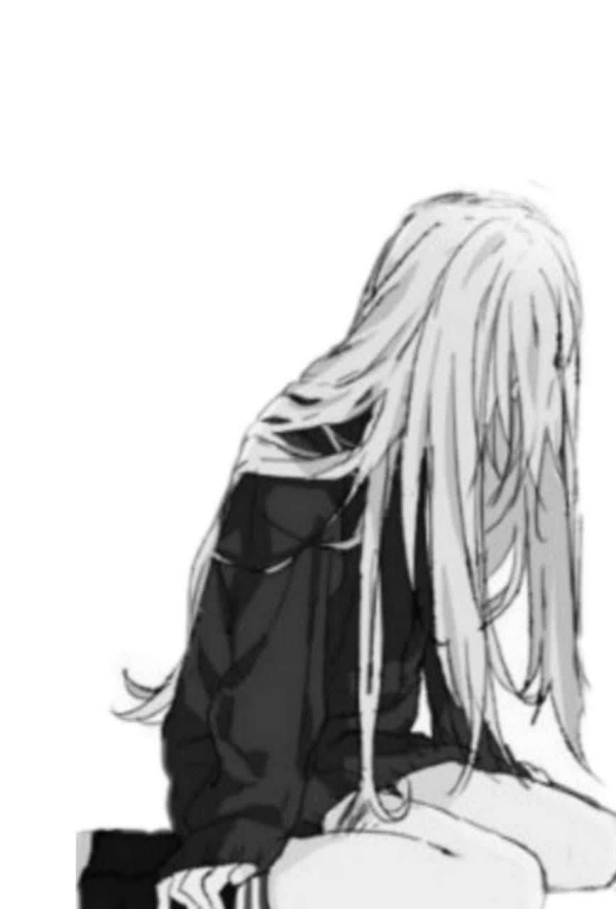 Aoi Ogata 沉鬱低落 壁紙 — 一個單色動漫長髮女孩以極簡素描風格彎腰坐著。