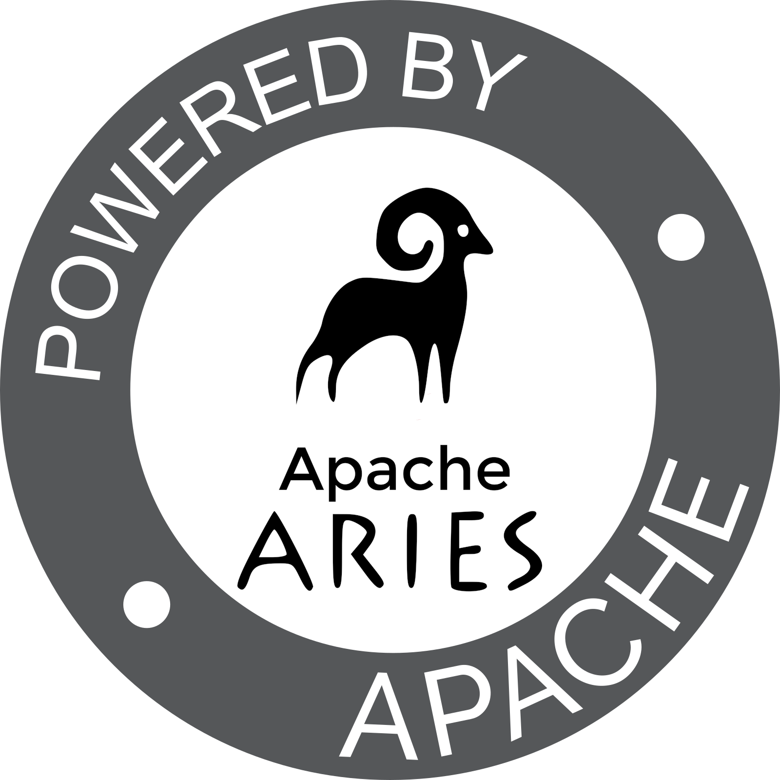 Apache Aries 標誌 壁紙 — 一個極簡的黑白圓形標誌，帶有公羊剪影和文字「Powered by Apache Aries」。