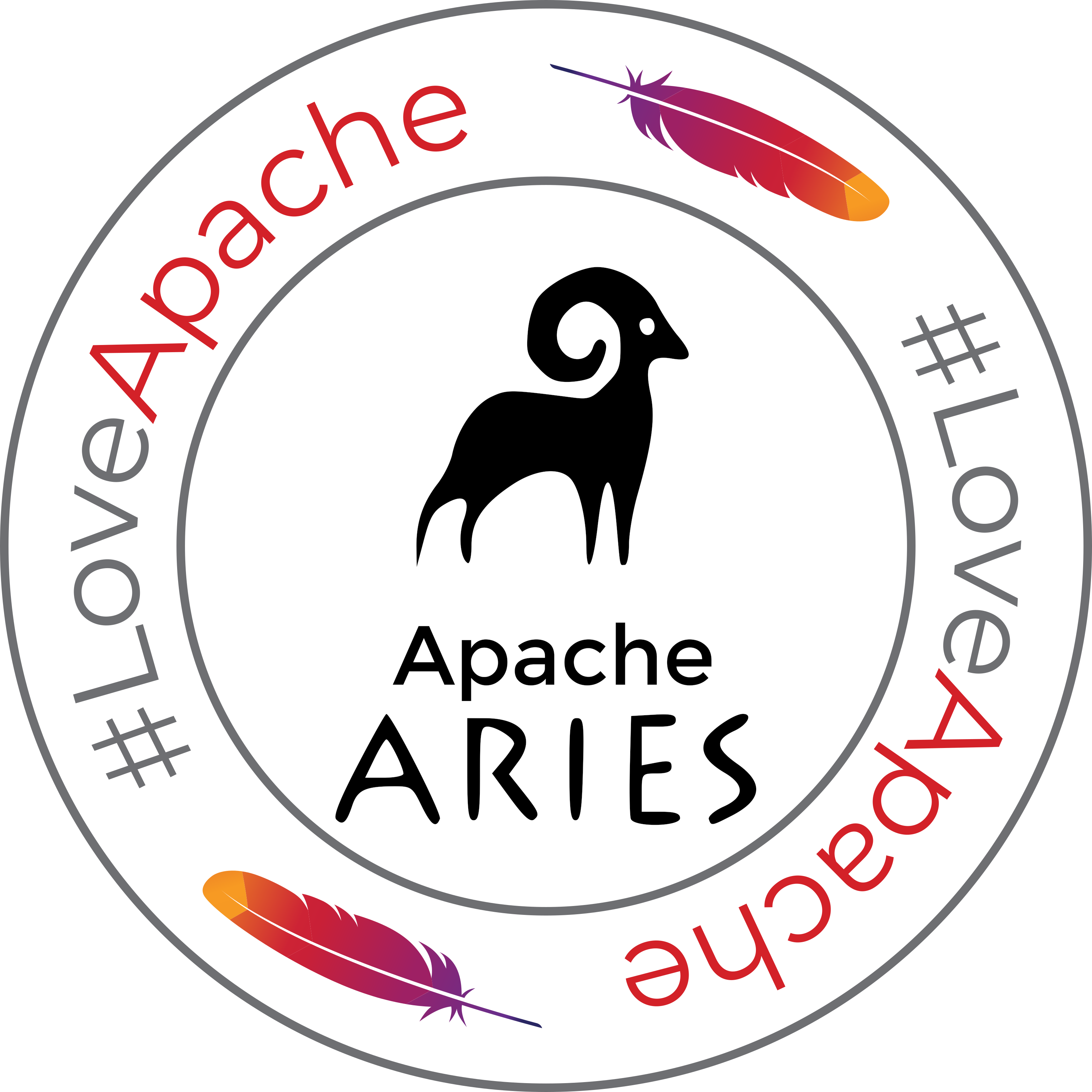 Apache Aries 標誌 壁紙 — 圓形標誌，包含黑色公羊剪影、彩色羽毛以及文字 LoveApache 和 Apache ARIES。