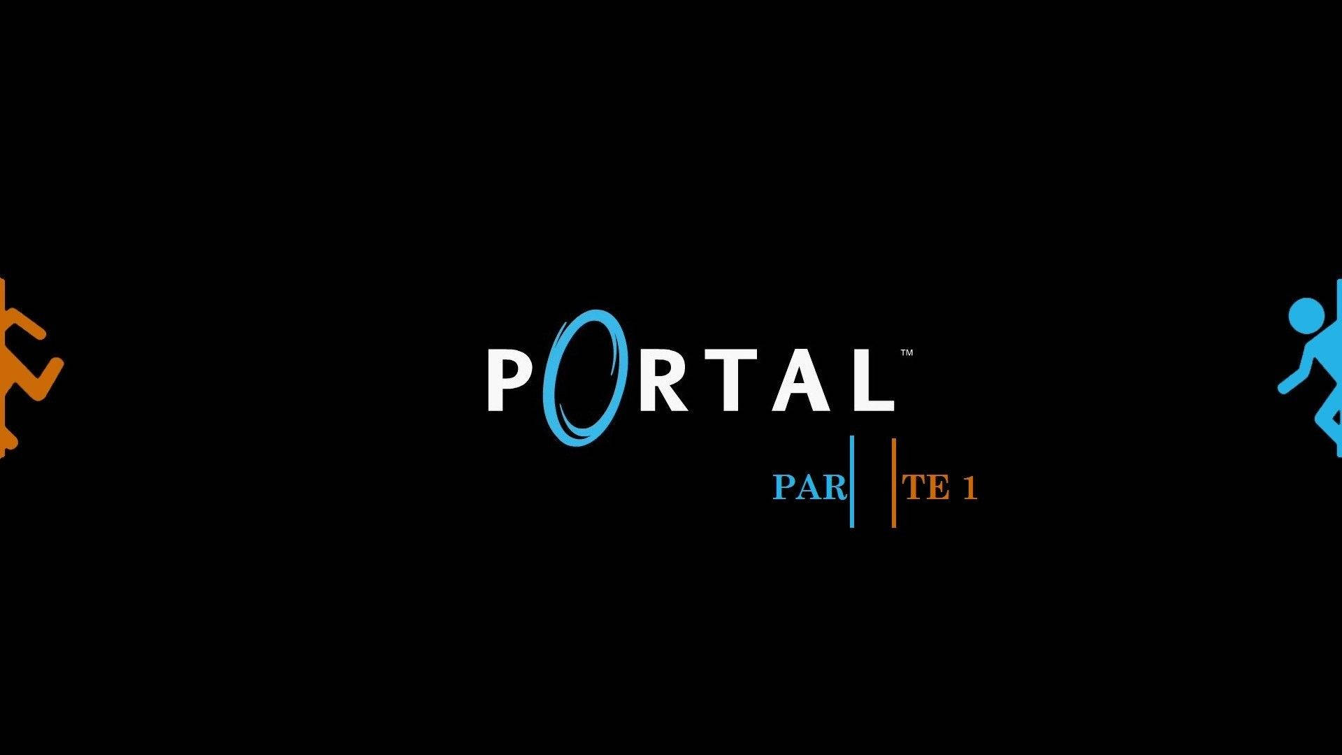 Aperture Science海報 壁紙 — 黑色背景，白色、藍色和橙色的 Portal Par TE 1 標誌兩側有風格化的橙色和藍色奔跑人物。