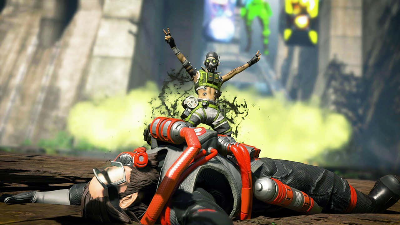力量與動作：Apex現象的描繪 壁紙 — 一個細小的裝甲戰士勝利地站在一個倒下的對手身上，身處一個充滿發光霓虹燈牌的粗糙未來風格競技場。