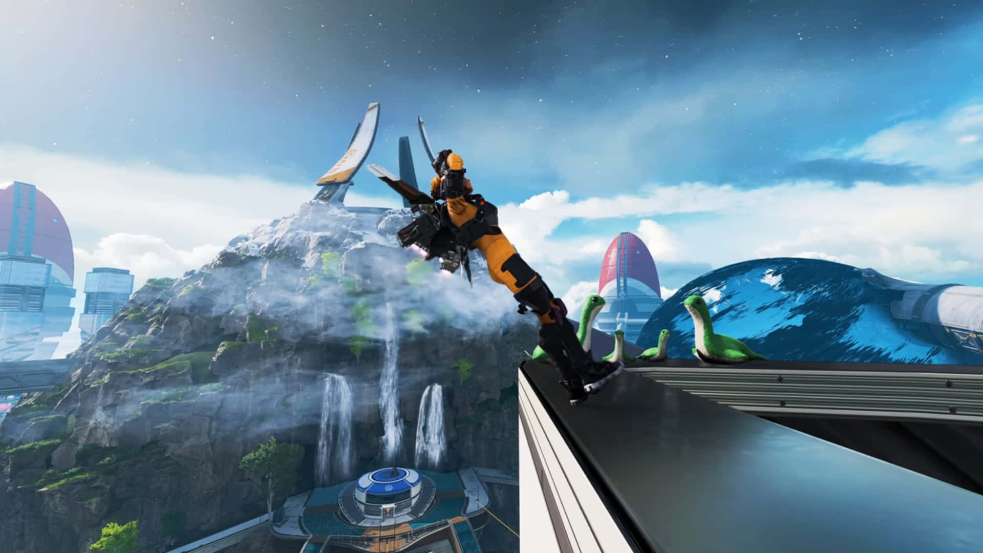 瓦爾基里《Apex英雄》自由落體瞬間 壁紙 — 一位身穿橙色和黑色裝備的未來戰士，在一個擁有浮動結構和瀑布的科幻城市上方，跳過一條光滑的金屬邊緣。