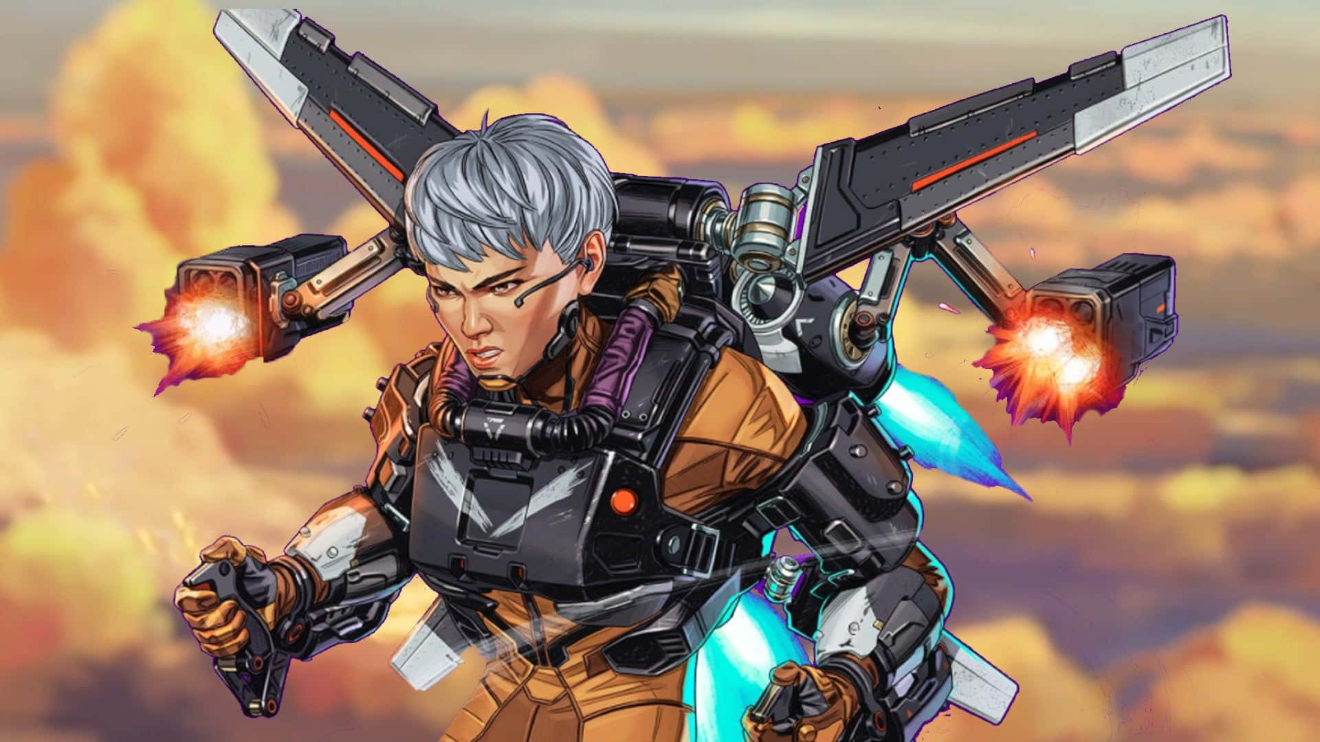 瓦爾基里《Apex英雄》雲端飛行 壁紙 — 一位堅定的銀髮飛行員駕駛未來風格的噴射背包，穿過熾熱的雲層，引擎噴射出橙色和藍色的火焰。