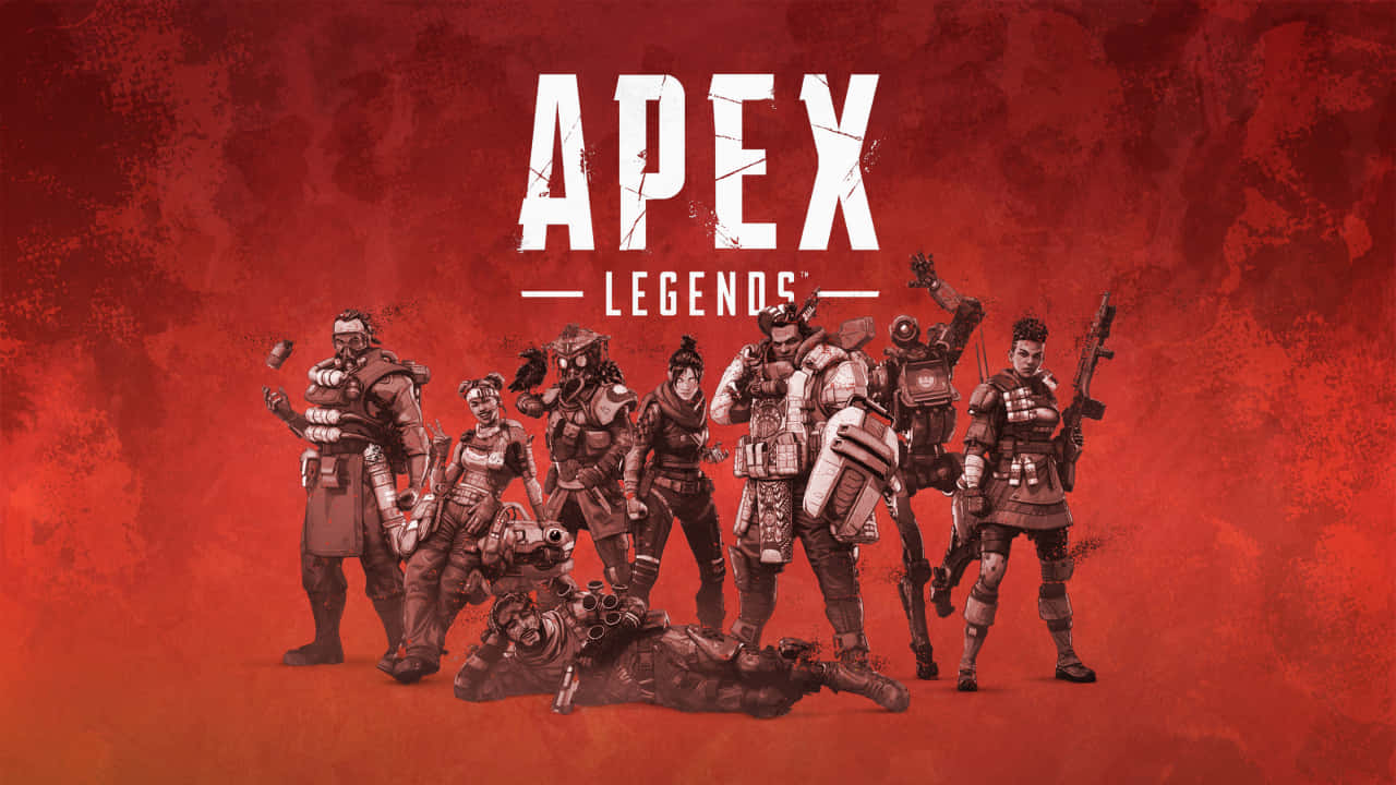 《Apex英雄》戰鬥即將開始 壁紙 — 一群身穿裝甲的Apex Legends角色在帶有紋理的紅色背景前挑釁地站立，遊戲標題顯眼地展示。