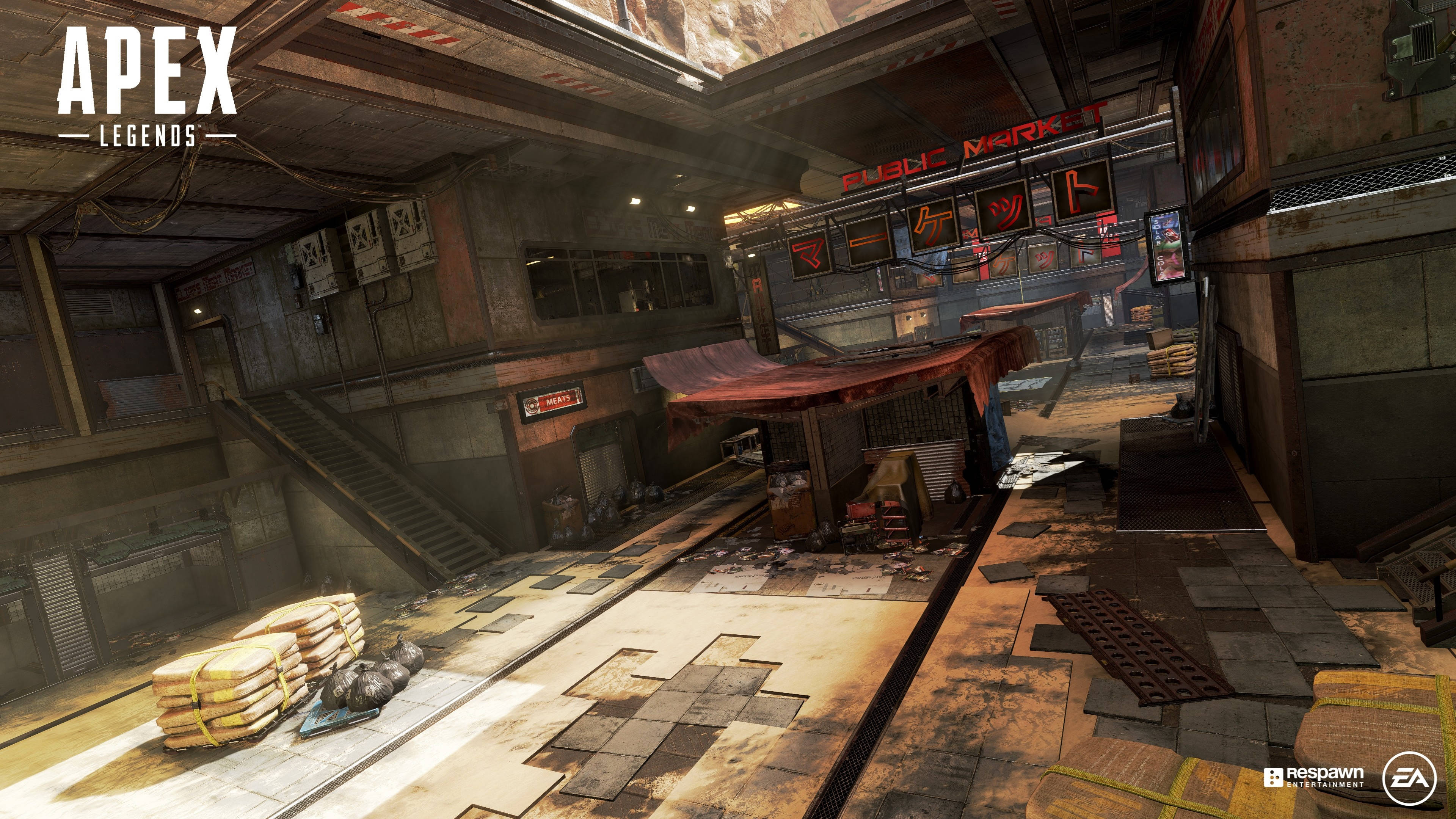 Apex Legends 4K 市場廣場 壁紙 — Apex Legends 中一個骯髒的城市市場內部，有破損的瓷磚、灰塵和霓虹燈招牌，在混凝土牆壁和樓梯上投射出溫暖的光線。