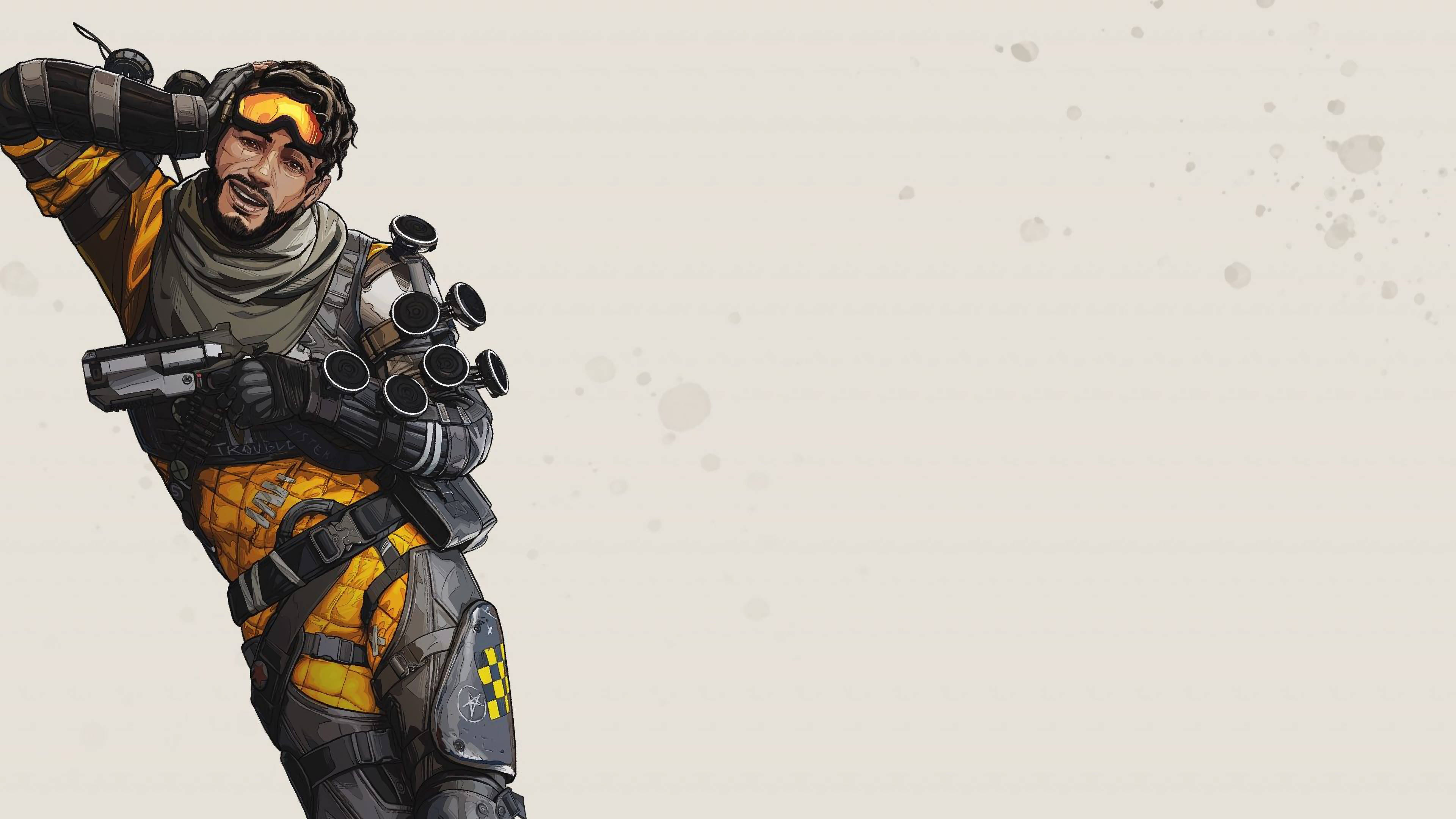 Apex Legends 4K 持槍士兵 壁紙 — 一個風格化的動漫士兵，身穿黃色和黑色裝備，在斑點米色背景上瞄準武器。
