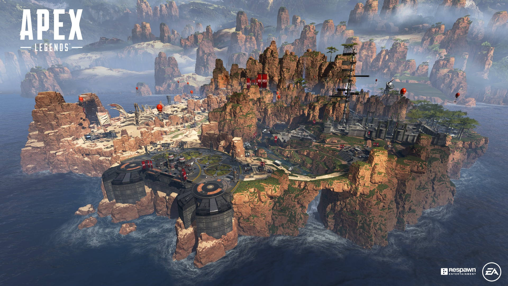 Apex Legends 4K 地圖視角 壁紙 — 一個浮島堡壘，擁有未來主義的建築和懸崖，從海洋波浪中升起，天空多雲。