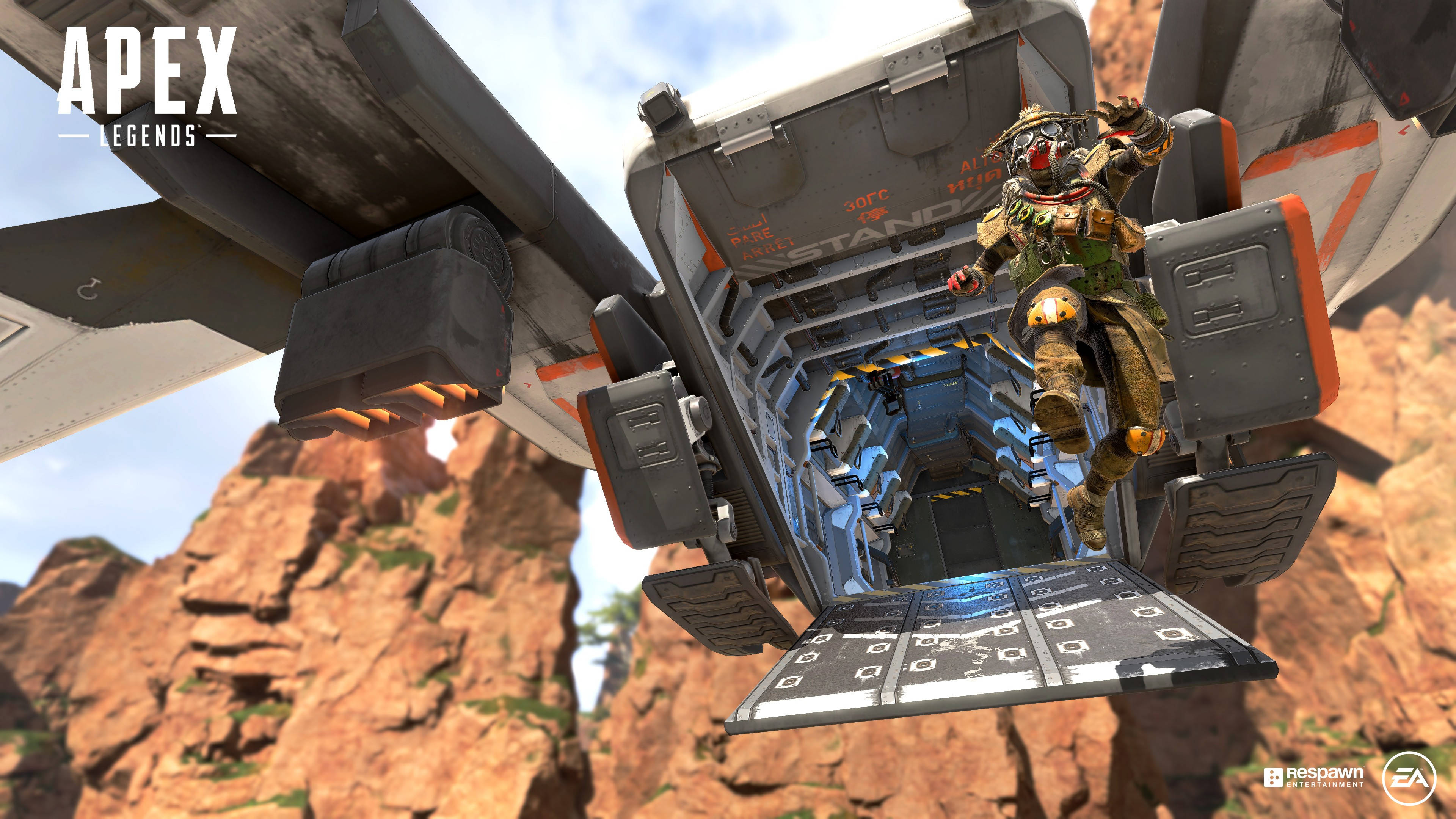 Apex Legends 4K 航空器 壁紙 — 一名身穿戰術裝備的士兵在明亮的日光下，從懸浮的運輸車輛跳下，背景是紅色岩石峽谷。