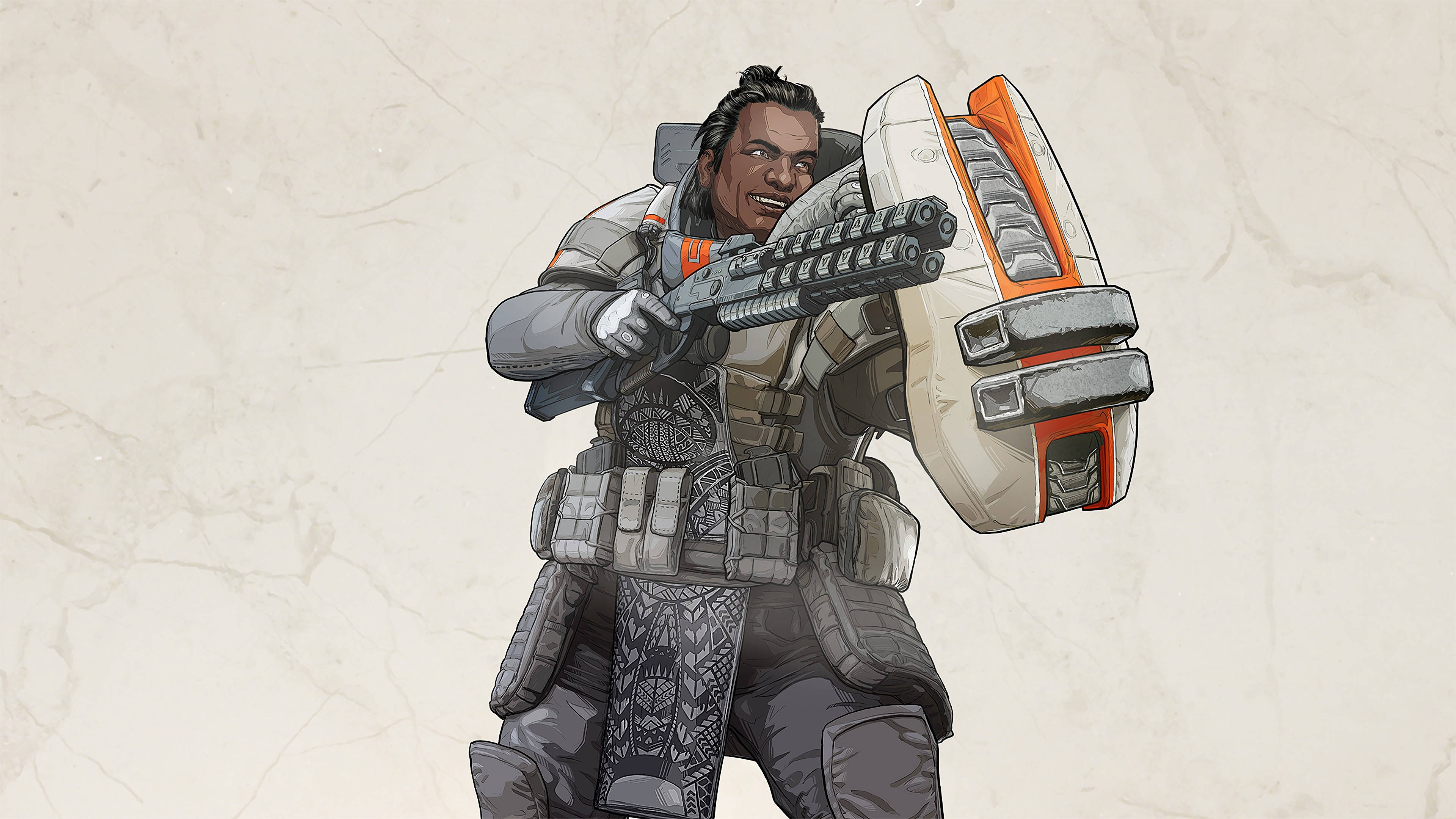 Apex Legends 4K 裝甲士兵 壁紙 — 一名微笑的士兵身穿戰術裝備，手持重型武器和盾牌，背景為有紋理的米色背景。