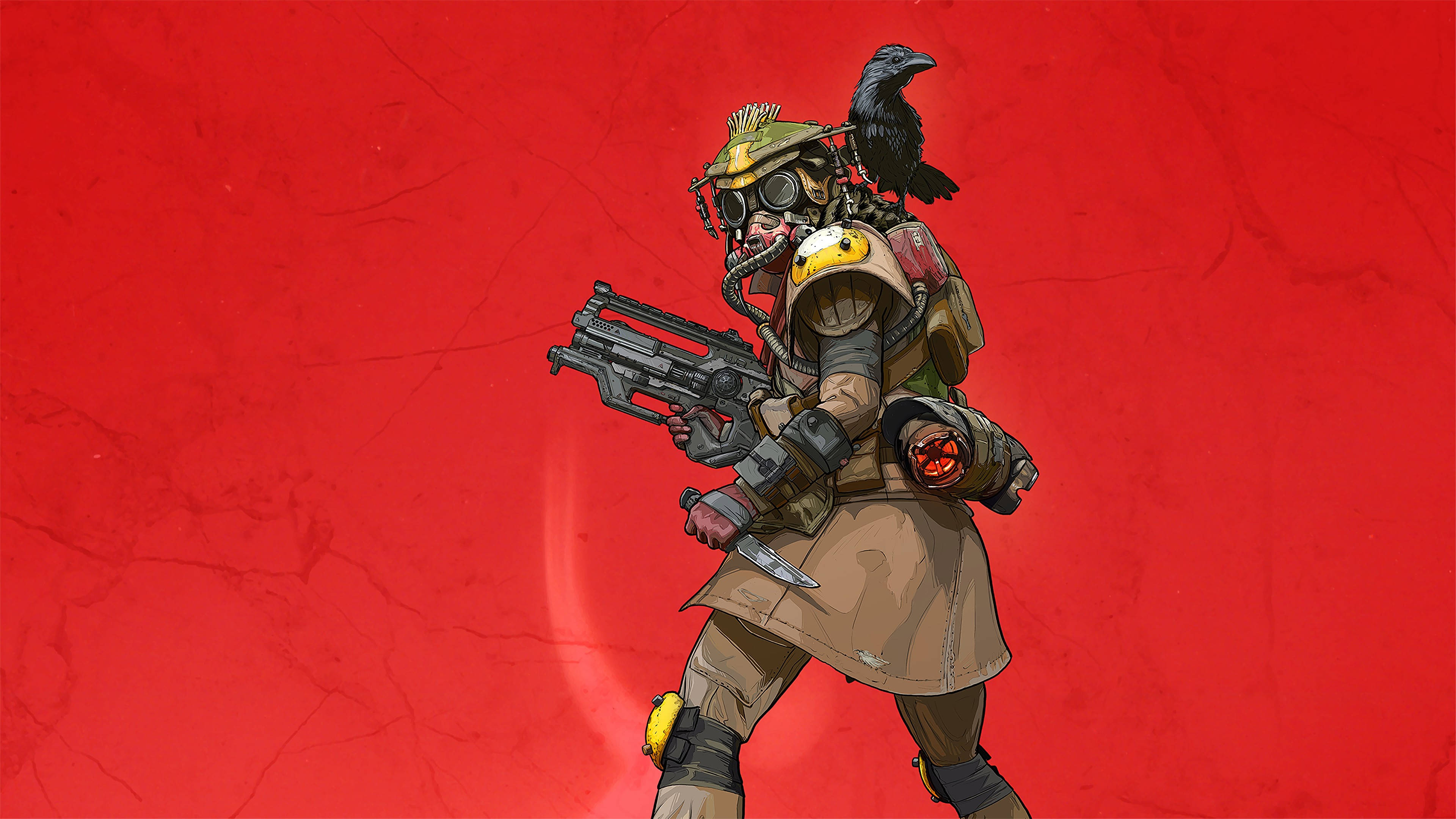 Apex Legends 4K 肩負烏鴉的士兵 壁紙 — 一個粗獷的插圖士兵，戴著防毒面具和盔甲，手持未來武器，背景是裂開的紅色，頭盔上站著一隻烏鴉。