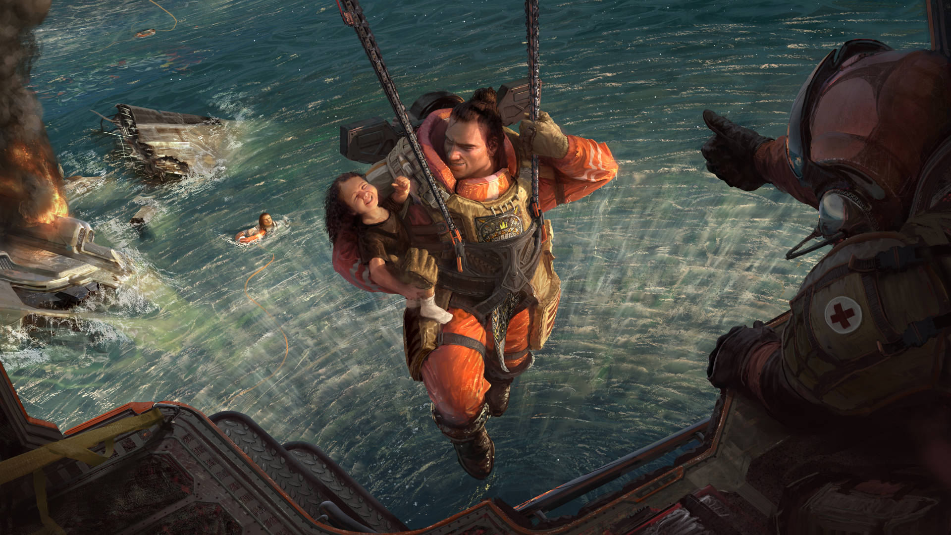 Apex Legends 4K 士兵救援 壁紙 — 一名身穿橙色裝備的士兵從洶湧的海浪中救出一名兒童，附近有殘骸在燃燒。